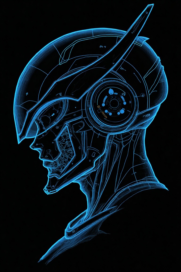 Close-up blueprint illustration of Evangelion Unit-02 helmet,  side profile,  cyan lines on black background on Tensor.Art