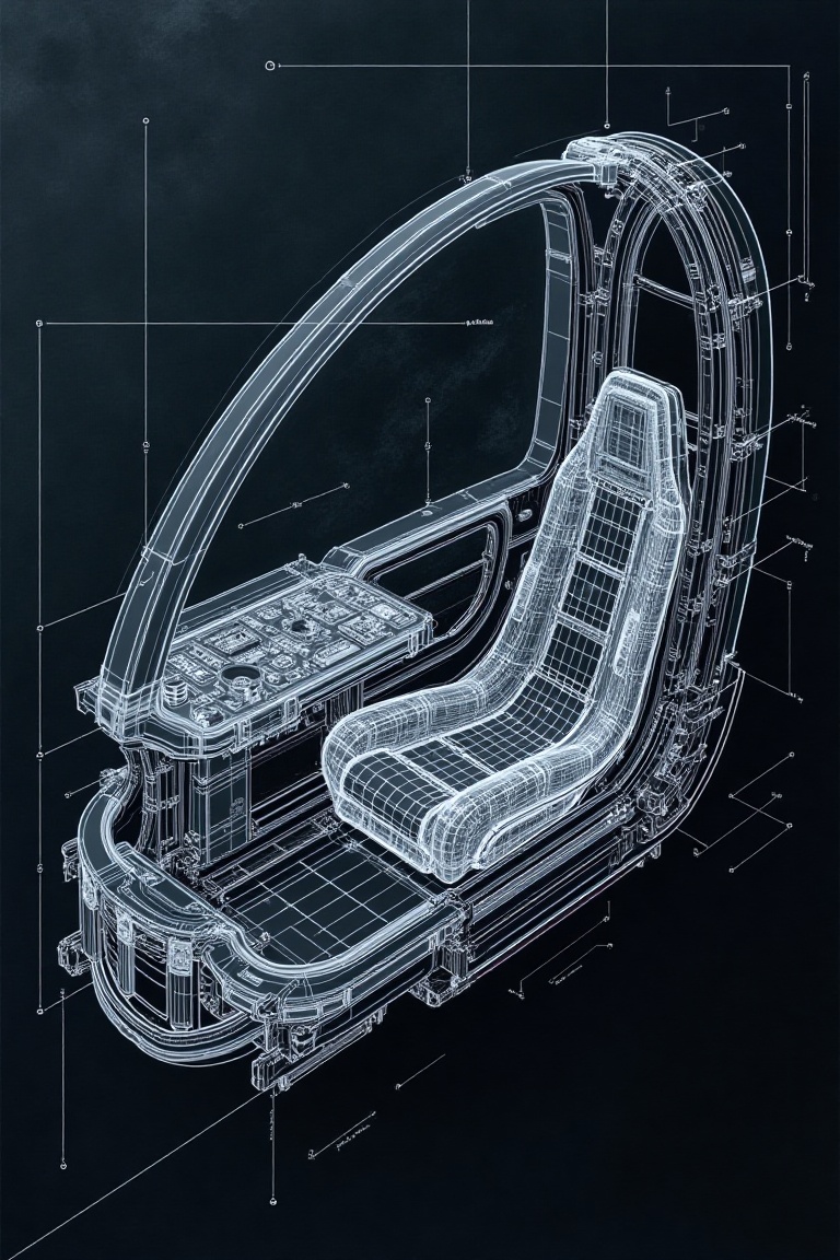 Cutaway schematic of the Entry Plug cockpit interior,  pilot seat interface,  wireframe lines on dark slate background on...
