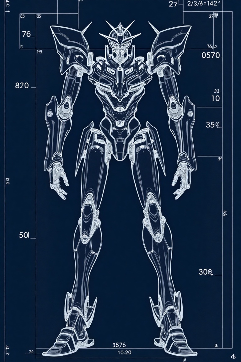 Technical blueprint of Evangelion Unit-01,  full body front view,  intricate white line art on dark blue background on Ten...