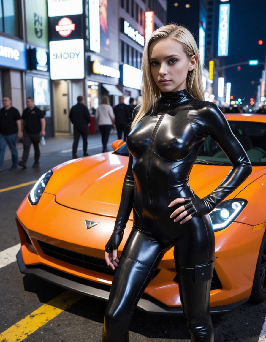 ehscorepony,  young blonde woman in a latex bodysuit with an assault rifle,  next to a futuristic car on Tensor.Art