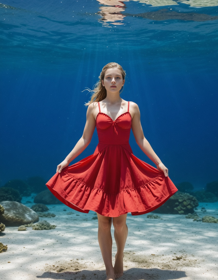 ehscorepony,  a blonde woman with a red dress diving underwater,  floating horizontelly underwater on Tensor.Art