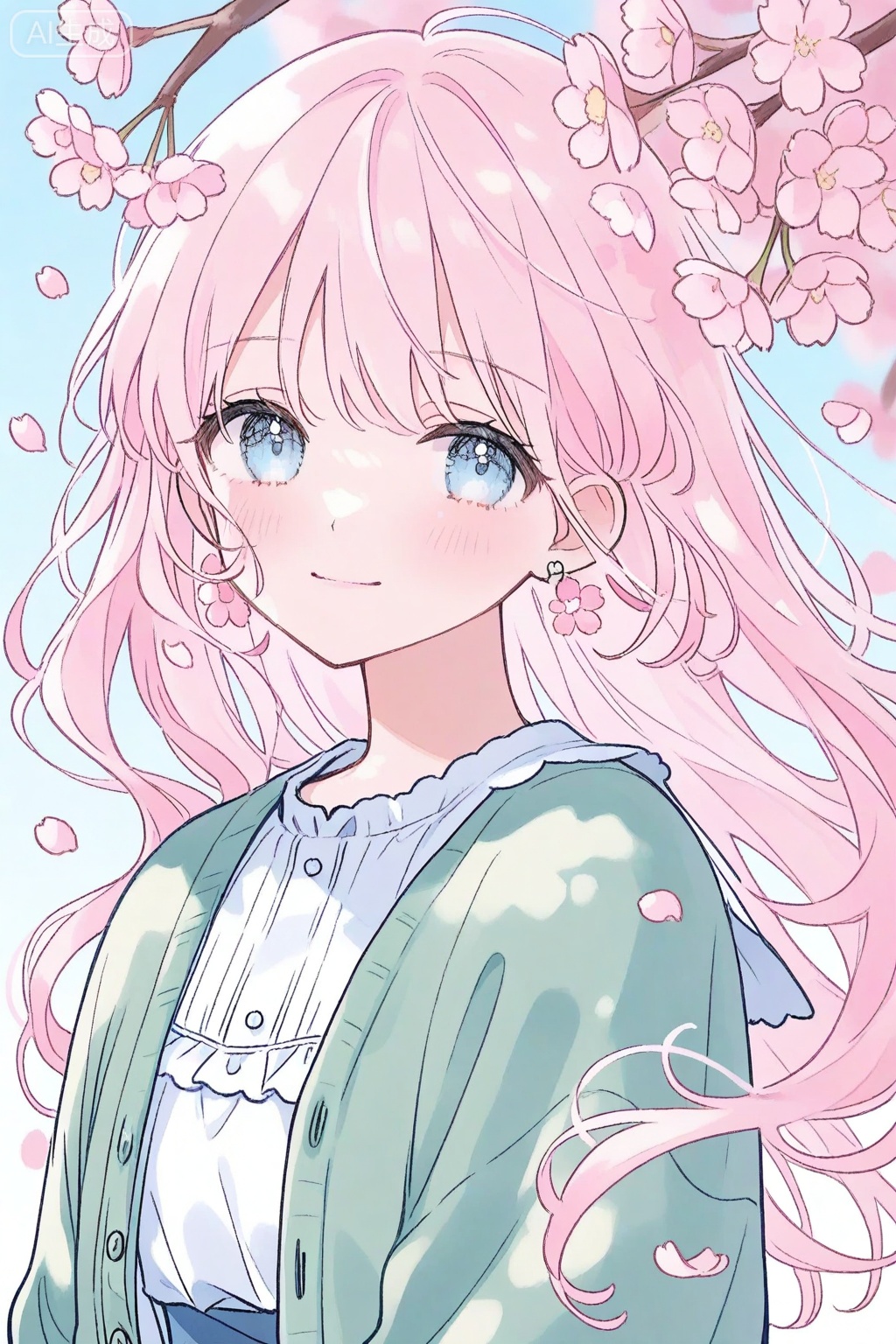 1girl, solo, long hair, pink hair, cherry blossoms, smile, earrings, jewelry, shirt, flower earrings, looking at viewer, blush, white shirt, upper body, cardigan, petals, flower, blue eyes, closed mouth, outdoors, jacket, pink flower, skirt, open clothes, frills, buttons, green cardigan, blue cardigan, branch

