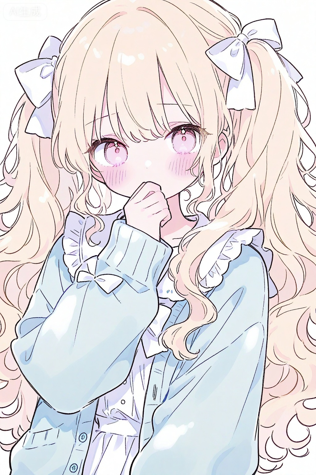 1girl, solo, long hair, blush, looking at viewer, blonde hair, bow, simple background, upper body, cardigan, hair bow, twintails, long sleeves, covering own mouth, frills, pink eyes, white bow, blue cardigan, wavy hair, white background, dress, ribbon, jacket

