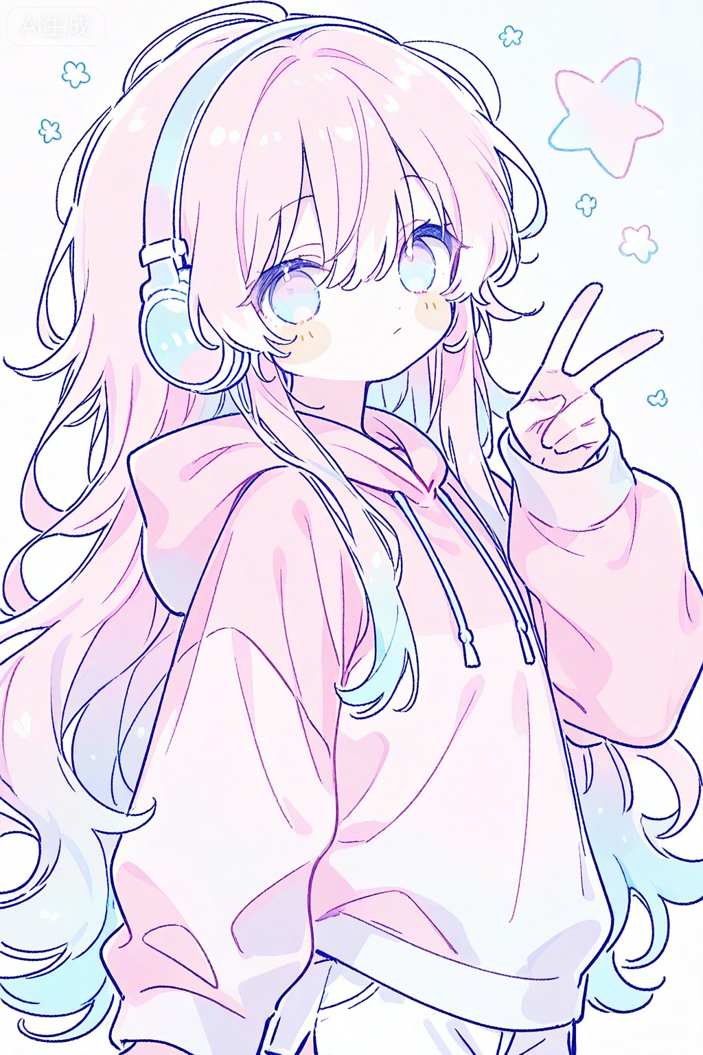 1girl, solo, hood, pink hair, hoodie, long hair, headphones, pink hoodie, blue hair, multicolored hair, long sleeves, hood down, v, white shorts, shorts, closed mouth, blue eyes, drawstring, gradient hair, pastel colors, blush stickers, very long hair, white pants, hair between eyes, sidelocks, pink sleeves, upper body, detached sleeves

