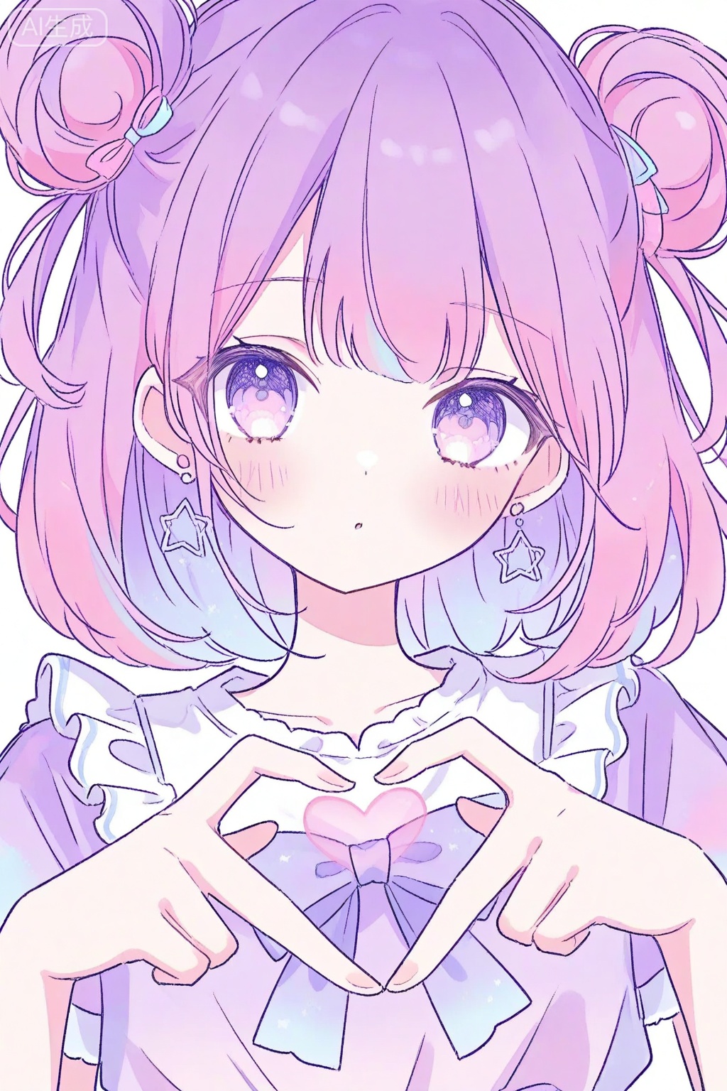 1girl, heart hands, solo, heart, earrings, double bun, jewelry, purple eyes, hair bun, blush, white background, looking at viewer, star \(symbol\), simple background, purple hair, upper body, short sleeves, bow, pink hair, multicolored hair, shirt, short hair, medium hair, purple shirt

