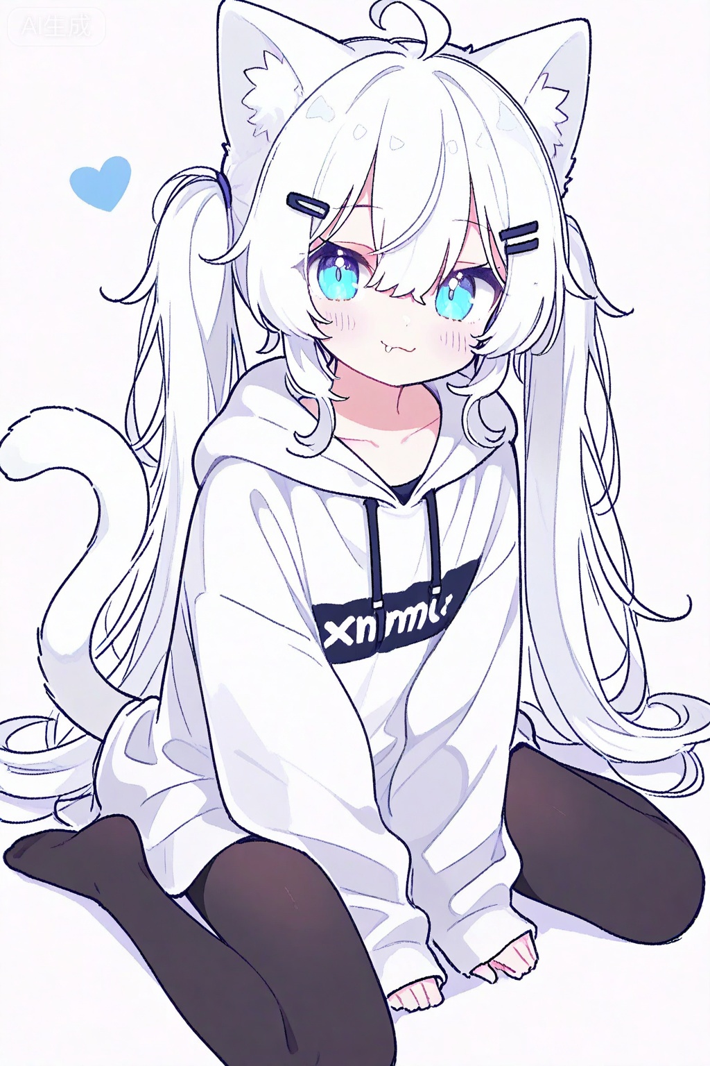 1girl, solo, long hair, looking at viewer, blush, smile, bangs, blue eyes, simple background, hair ornament, long sleeves, white background, animal ears, hair between eyes, twintails, sitting, closed mouth, collarbone, tail, ahoge, white hair, heart, pantyhose, hairclip, cat ears, hood, cat tail, animal ear fluff, sleeves past wrists, black pantyhose, hoodie, :3, wariza, no shoes, hood down, cat girl, clothes writing, between legs, hand between legs, drawstring, fang out, white hoodie

