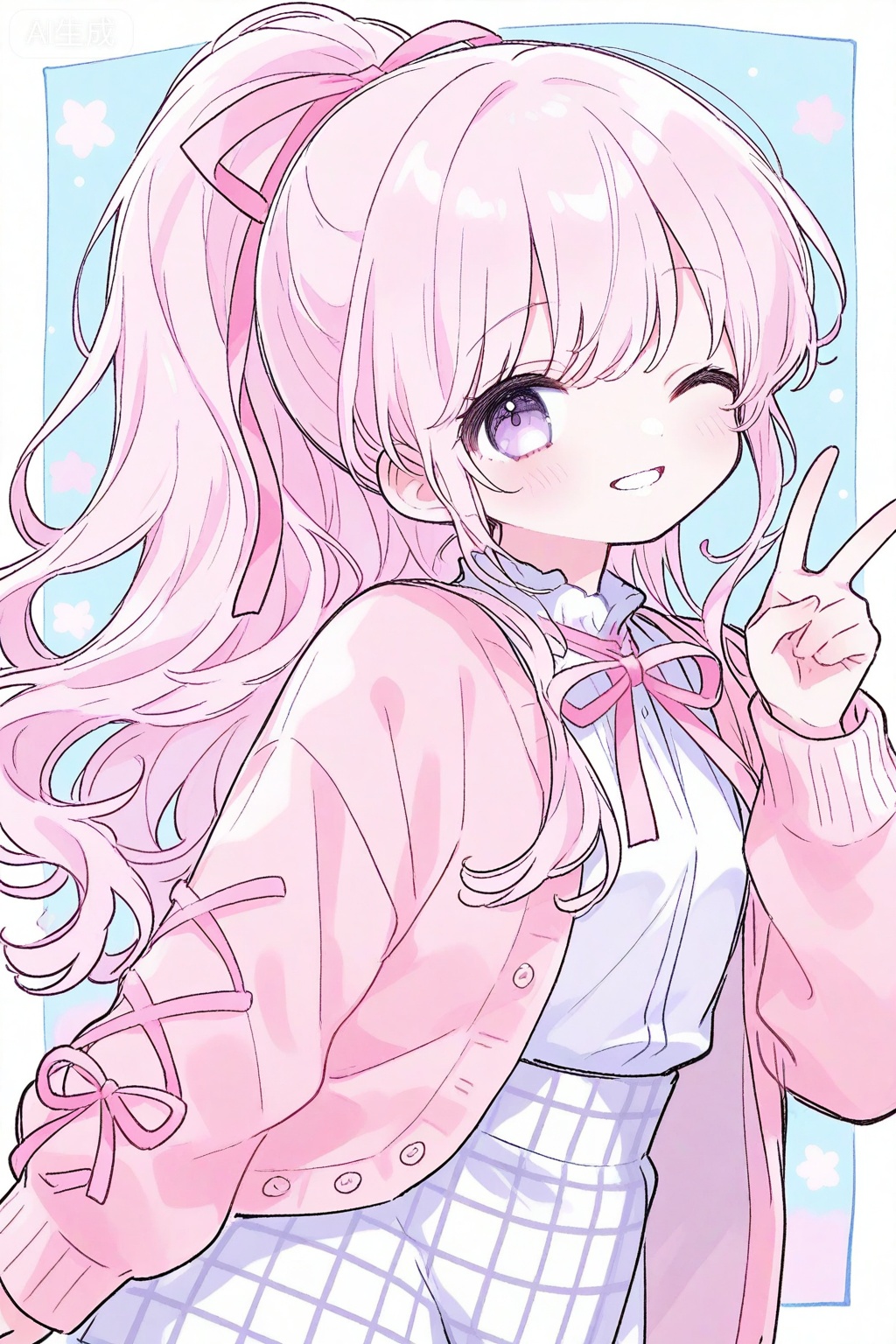 1girl, solo, one eye closed, ribbon, smile, shirt, pink hair, long hair, ponytail, skirt, white shirt, pink ribbon, looking at viewer, purple eyes, blush, hair ribbon, long sleeves, jacket, white skirt, neck ribbon, pink jacket, open clothes, plaid skirt, grin, plaid, pink cardigan, cardigan, white border, v

