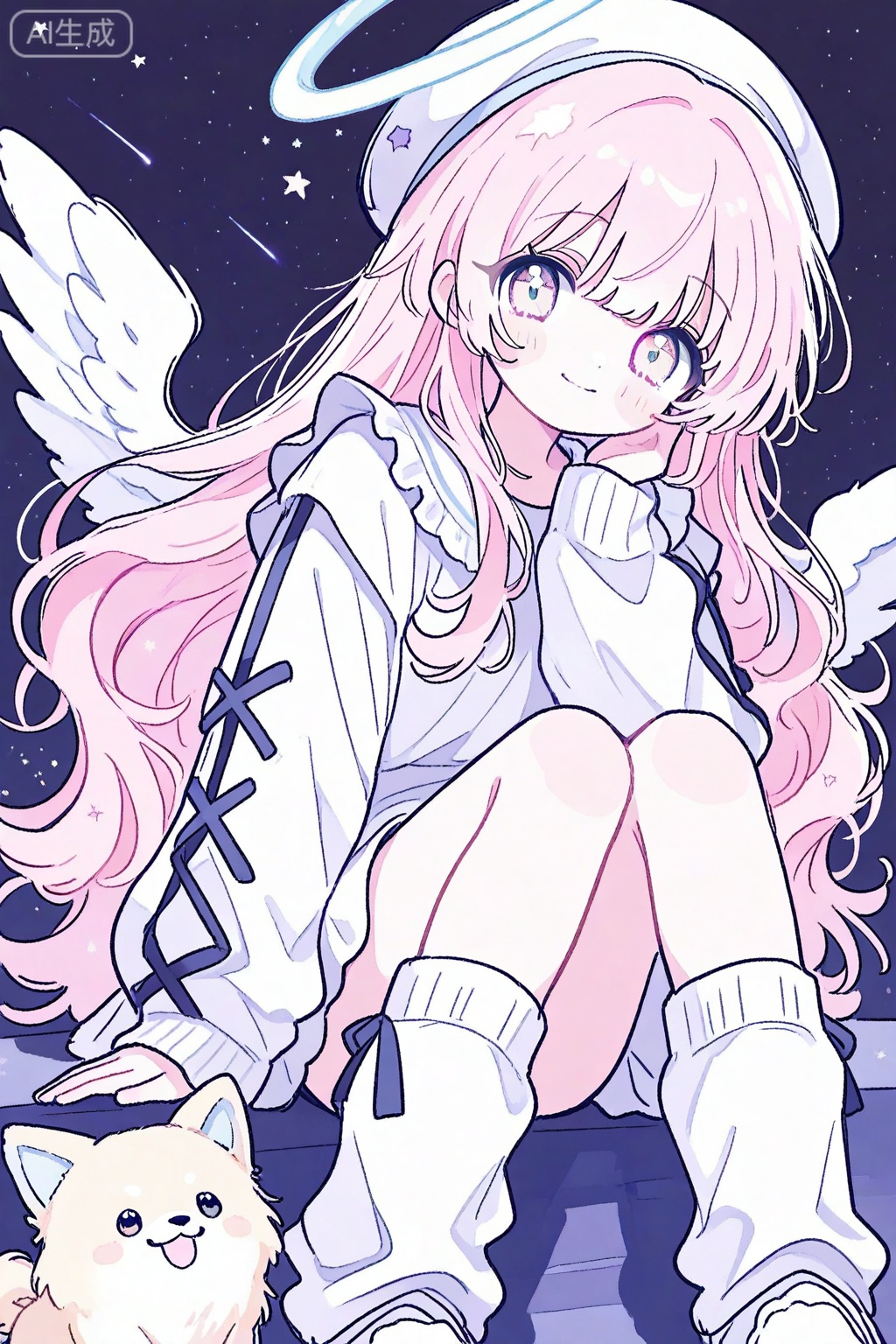 1girl, pink hair, long hair, pink eyes, smile, hat, white headwear, dog, looking at viewer, solo, wings, halo, long sleeves, closed mouth, star \(sky\), animal, sitting, socks, beret, cross-laced sleeves, blush, blush stickers, white wings, loose socks, white socks, starry sky

