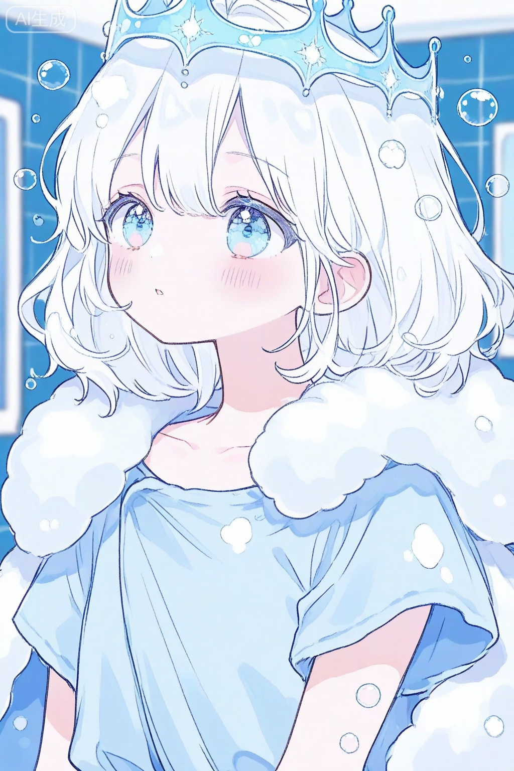 1girl, solo, white hair, crown, blue eyes, upper body, short sleeves, shirt, blush, short hair, blue shirt, medium hair, bubble, parted lips, cape, blurry, collarbone, tile wall, blurry background


