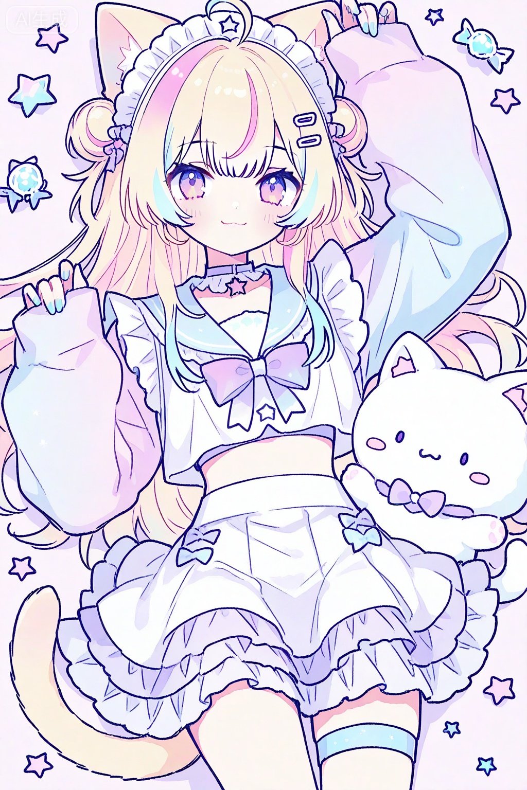 1girl, solo, animal ears, cat ears, tail, cat tail, long hair, skirt, looking at viewer, hair ornament, blonde hair, multicolored hair, long sleeves, ahoge, bow, midriff, blush, purple eyes, pink hair, closed mouth, thigh strap, hair bun, virtual youtuber, bangs, frills, heart, cat girl, on back, hairclip, crop top, choker, smile, sailor collar, lying, shirt, blue bow, :3, blue hair, nail polish, candy, stuffed animal, stuffed toy, layered skirt, maid headdress, streaked hair, bowtie, double bun, food, pink eyes, frilled skirt, animal ear fluff, arm up, sleeves past wrists, two-tone hair, white skirt, purple bow, simple background, star (symbol), multicolored clothes, blue nails

