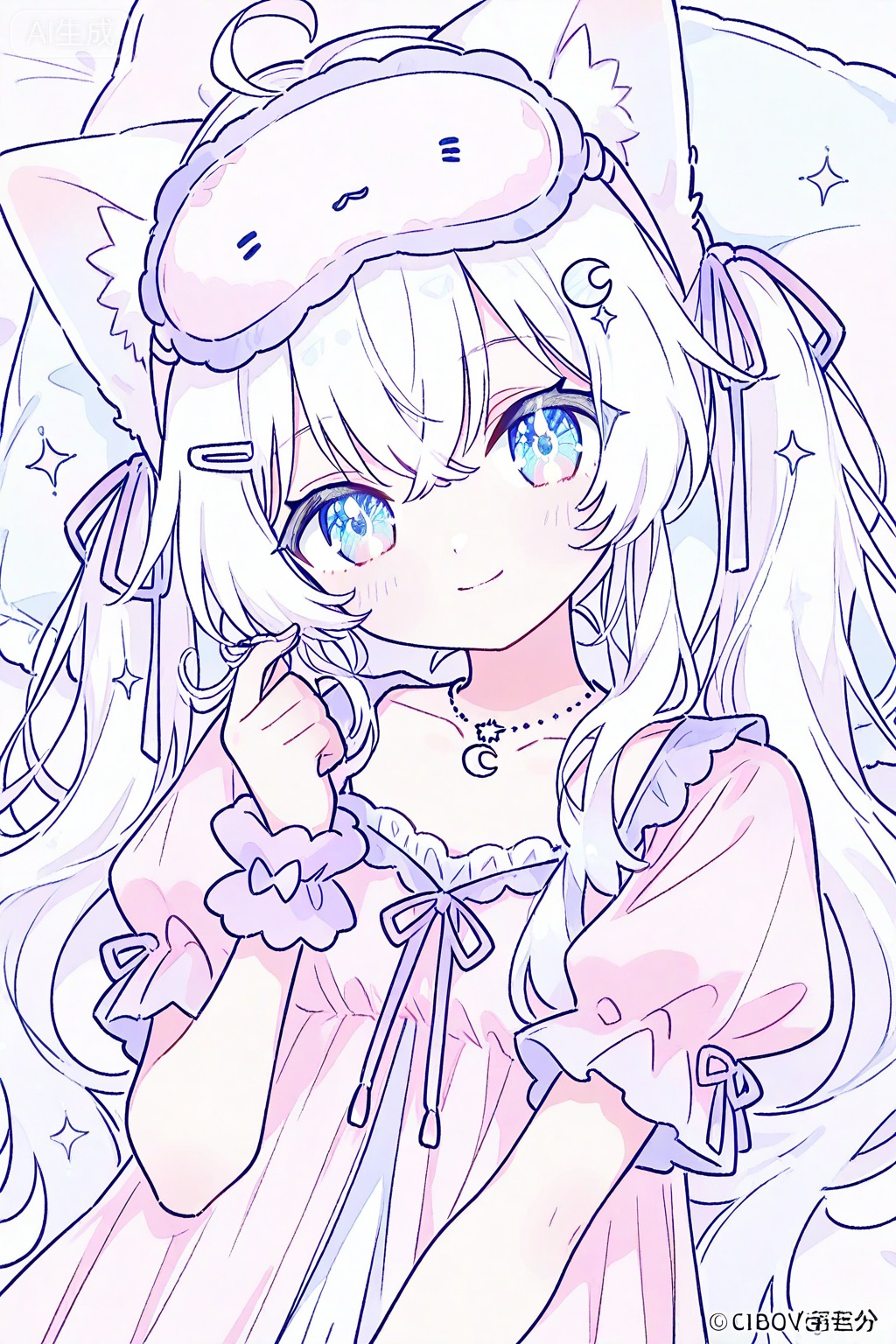 1girl, ahoge, animal ear fluff, animal ears, babydoll, blue eyes, cat ears, cat girl, cat hair ornament, closed mouth, collarbone, crescent, crescent hair ornament, crescent necklace, crossed bangs, dress, dutch angle, frilled babydoll, frilled sleeves, frills, hair ornament, hair ribbon, hairclip, head tilt, jewelry, light blush, logo, long hair, looking at viewer, necklace, nightgown, pajamas, pastel colors, pillow, pink babydoll, pink dress, pink nightgown, puffy short sleeves, puffy sleeves, purple ribbon, purple scrunchie, ribbon, scrunchie, short sleeves, sleep mask, smile, solo, sparkle, sparkling aura, threads username, twintails, twirling hair, upper body, virtual youtuber, white hair, wrist scrunchie

