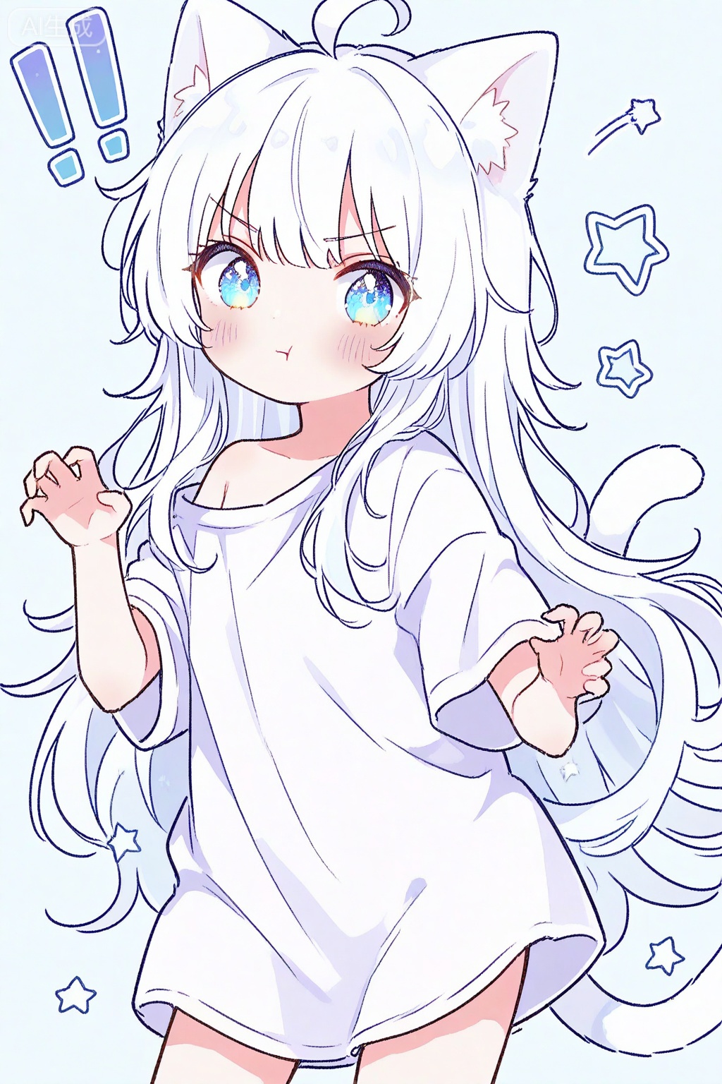 loli, 1girl, solo, long hair, looking at viewer, blush, bangs, blue eyes, simple background, shirt, animal ears, very long hair, closed mouth, tail, white shirt, ahoge, white hair, short sleeves, cat ears, off shoulder, star \(symbol\), v-shaped eyebrows, cat tail, animal ear fluff, hands up, blue background, cat girl, !, :t, pout, claw pose, !!, oversized shirt

