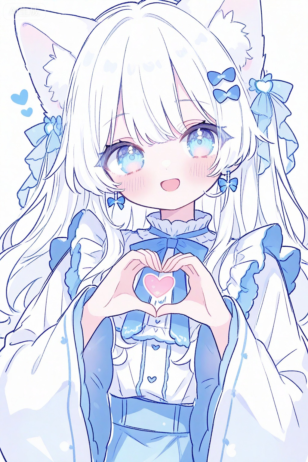 1girl, heart, heart hands, solo, animal ears, blue eyes, white hair, long hair, smile, blush, long sleeves, looking at viewer, jewelry, open mouth, animal ear fluff, earrings, upper body, simple background, frills, hair ornament, cat ears, white background, shirt, white shirt, blue bow, bow, wide sleeves, dress, :d

