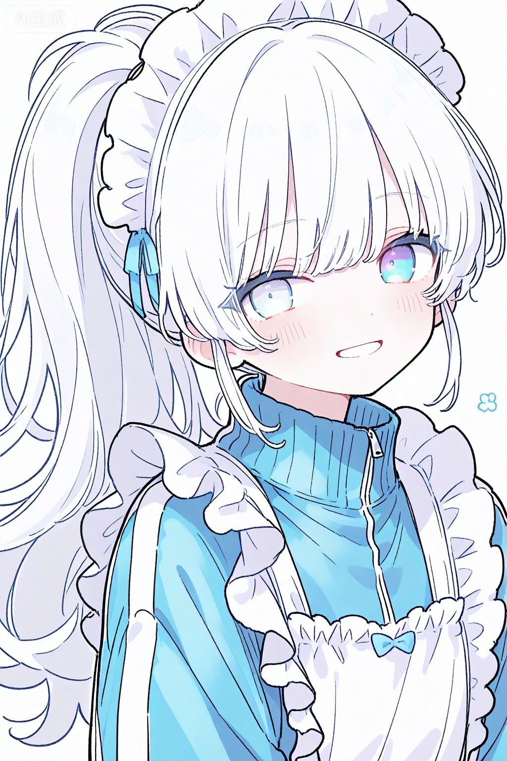 1girl, solo, unconventional maid, maid, maid headdress, smile, blue eyes, jacket, track jacket, long hair, apron, white background, looking at viewer, white hair, upper body, white apron, simple background, maid apron, blush, ponytail, blue jacket, frilled apron, frills, heterochromia, grin

