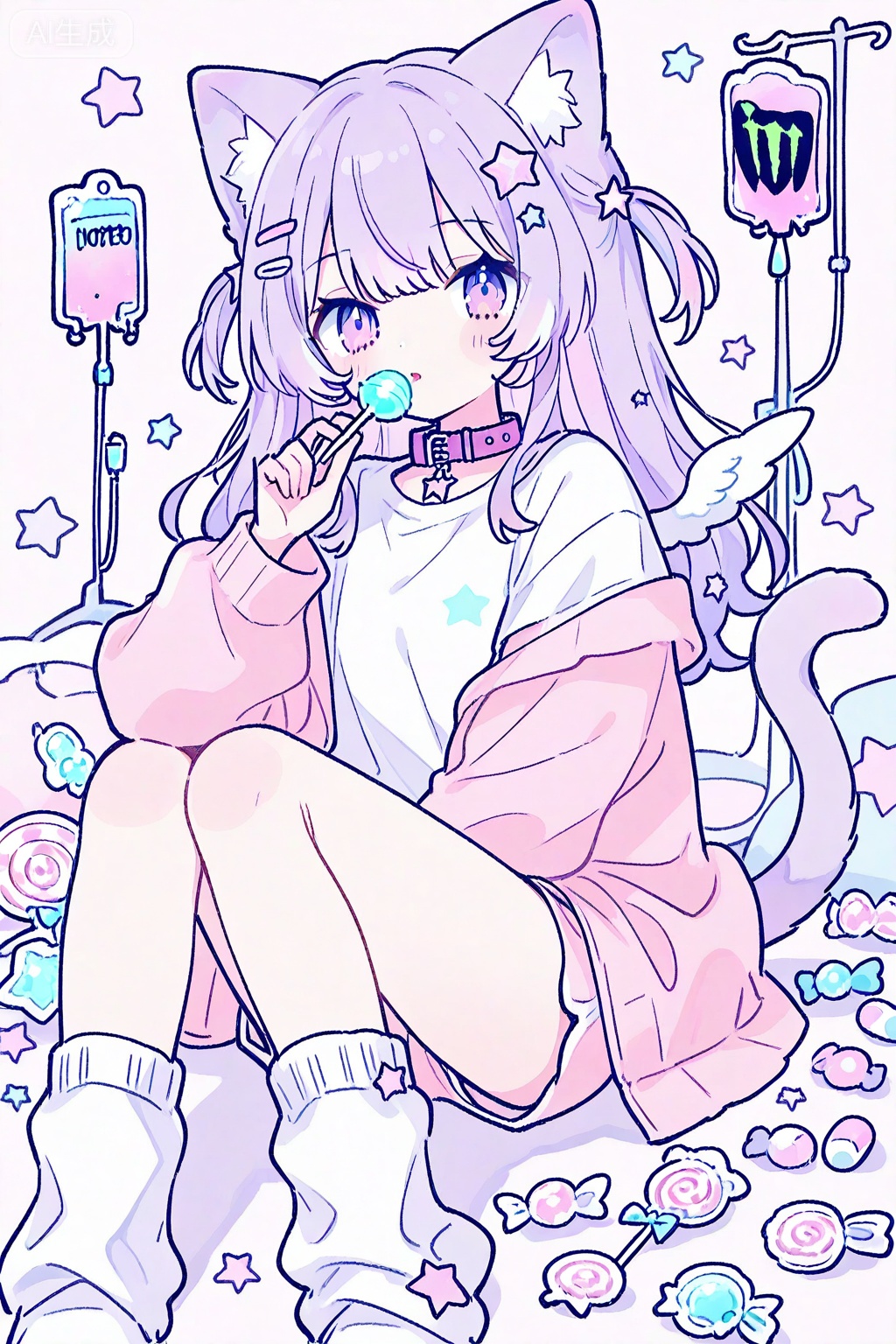 1girl, animal collar, animal ear fluff, animal ears, candy, cat ears, cat girl, cat tail, collar, food, hair ornament, holding, holding candy, holding food, holding lollipop, intravenous drip, jacket, lollipop, loose socks, monster energy, pill, pink shorts, purple eyes, purple hair, shirt, shorts, socks, solo, star \(symbol\), star hair ornament, stuffed animal, stuffed toy, syringe, t-shirt, tail, virtual youtuber, white shirt, wings, yume kawaii

