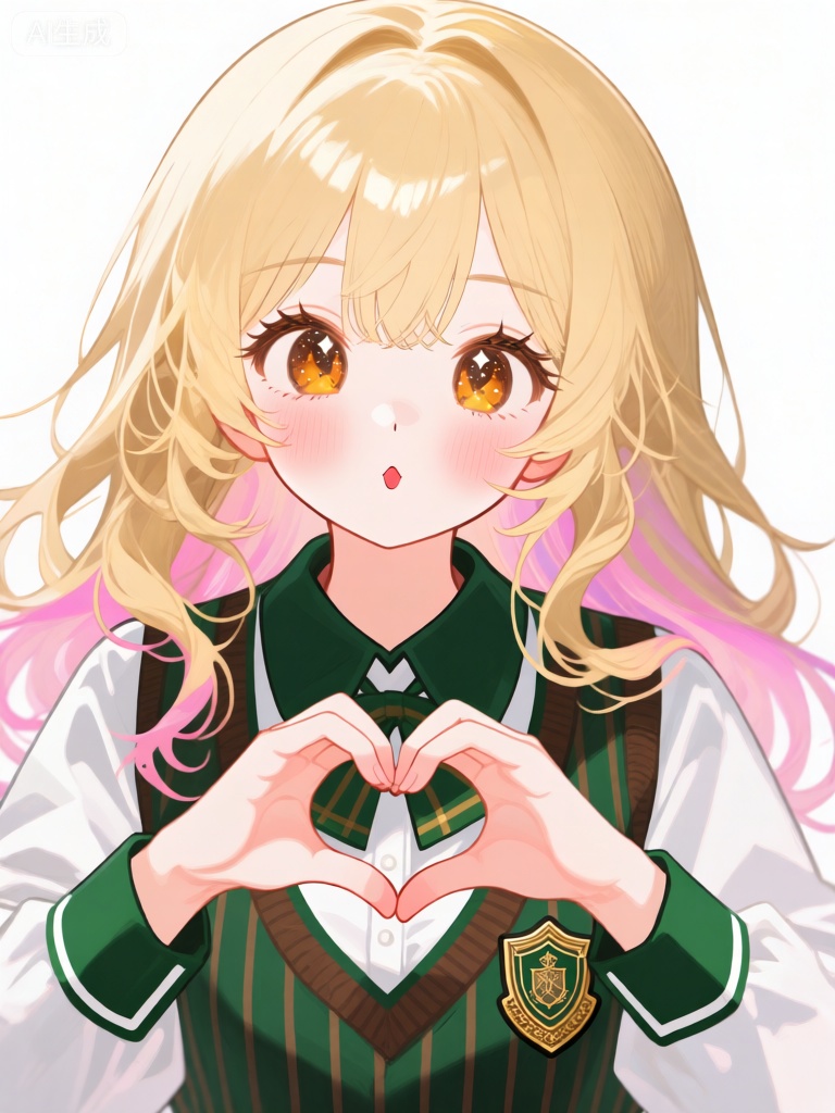 WHT,该图像是一个青春少女的插图,她有一头金色的波浪长发,发尾处有柔和的粉色渐变。她的头发自然地披散在肩膀,几缕碎发俏皮地搭在锁骨处。她有一双灵动的琥珀色大眼睛,眼中仿佛藏着星辰,闪烁着璀璨的光芒。她的眼睛周围是浓密且卷翘的睫毛。她微微嘟着嘴,表情俏皮可爱,脸颊上带着两团自然的红晕,尽显少女的娇羞。她身着英伦风格的学院制服,制服由一件深绿色领子的白色衬衫和棕绿条纹细节组成。她的胸前别着一个精致的金色校徽。衬衫的袖口是绿色的,带有白色镶边。她用双手比出一个爱心形状,手指轻弯,手掌相对。图像的背景是纯白色的,这使得她和她的制服成为插图的中心。插画整体风格清新、甜美,线条细腻,色调温暖。

