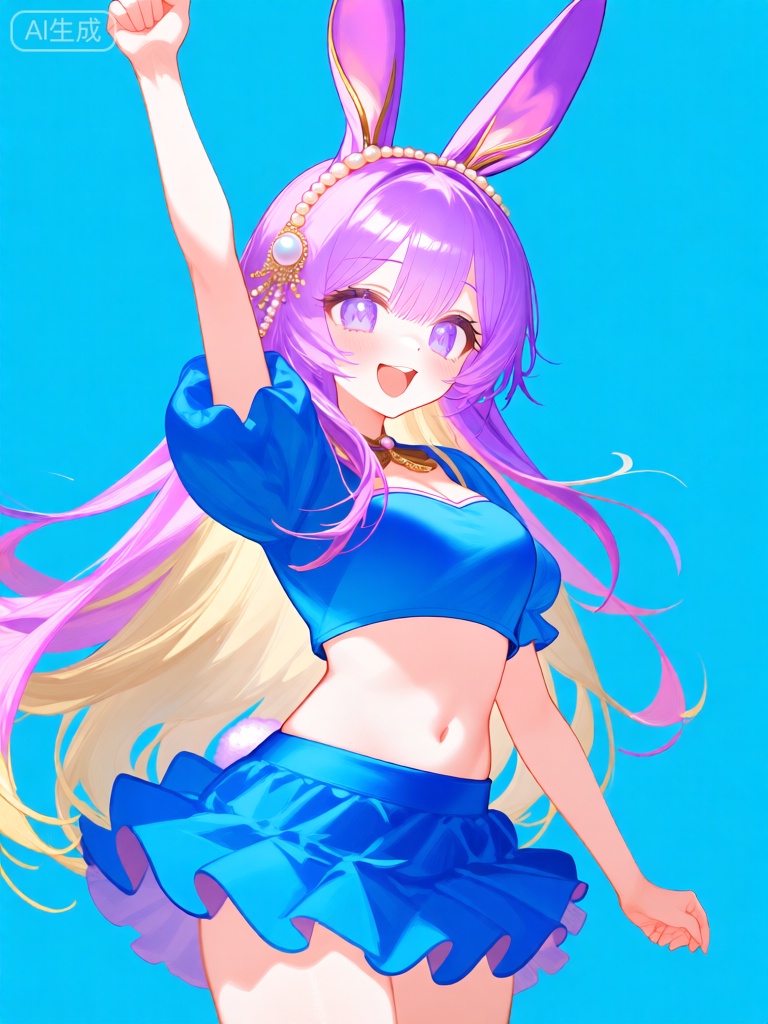 WHT,该图像描绘了一个动漫风格的角色,有着长而柔顺的粉紫色头发,发梢染着浅金色,还装饰着精致的珍珠发饰。她长着一对又长又尖的兔耳朵,同样是粉紫色的,点缀着金色的细边。她的眼睛是梦幻的淡紫色,脸上洋溢着甜美的笑容,神情活泼俏皮。她身着一件蓝色露脐短上衣,泡泡袖设计,露出白皙的腹部。上衣搭配一条带有层叠荷叶边设计的蓝色短裙。背景是纯净的、明亮的蓝色,让人物瞬间成为视觉焦点。她的左臂高高扬起,做出欢呼的动作,右臂则自然垂在身侧。整体风格洋溢着青春与活力,着重运用鲜艳的色彩和灵动的表现手法。

