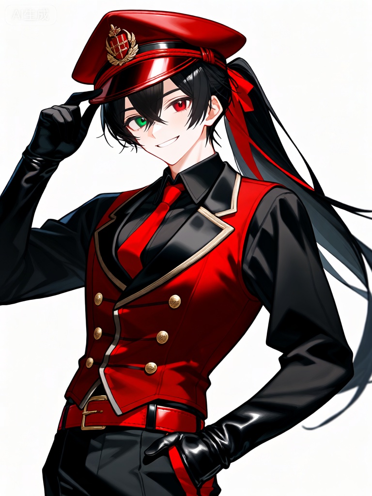 WHT,动漫风格男性角色的详细全彩插图。他有一头墨黑色的长发,用红色丝带扎成高马尾辫。他的眼睛很大,呈异色,左眼呈深绿色,右眼呈暗红色。他戴着一顶红色皮质帽子,上面有金色徽章和红色丝带。他的表情很自信,嘴角上扬,像是在展示自己的风采,脸颊线条刚毅。他穿着红黑相间的制服,包括带有金色纽扣的紧身马甲、带有分层黑色和红色褶边的长裤以及带有红色领子的短袖衬衫。他还戴着黑色皮手套,腰间系着红色腰带。背景是纯白色的,使他成为图像的焦点。整体风格充满活力和力量感,重点是他富有魅力的特征和硬朗的服装设计。

