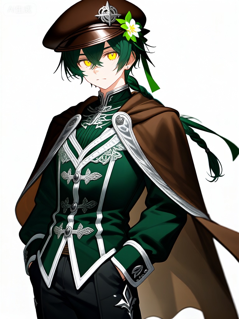 WHT,这张图片描绘了一个动漫风格的男性角色,有着深绿色的短发和明亮的黄色眼睛。他戴着一顶棕色的贝雷帽,上面装饰着一个银色的徽章,边上有一朵绿色和白色的花。他的头发用绿色丝带扎成小辫子。他有一张坚毅的脸,脸颊上有淡淡的胡茬,给人一种沉稳可靠的表情。他的服装包括一件深绿色长袖外套,上面有复杂的白色和银色刺绣和装饰性纽扣,外套搭配有白色和银色点缀的黑色长裤。一件银色镶边的棕色长披风系在他的衣服上,在他身后飘动。他的服装整体设计硬朗而细致,融合了冒险和幻想的元素。

