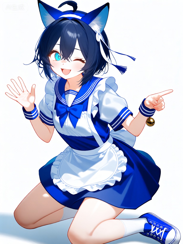 WHT,该图像描绘了一个穿着蓝白水手服的动漫风格角色。她有一头深蓝色短发,在头顶扎成一个小揪揪,用一条蓝色发带固定,发带下方垂着一条带有流苏的白色头带。她的头发两侧有几缕细长的发丝。她有一双清澈的湖蓝色眼睛,目光明亮,嘴角带着灿烂的笑容,左眼俏皮地眨动。她的头上戴着蓝色的狐狸耳朵发饰,耳朵内侧是浅蓝色的。她的服装包括一件蓝色短裙,搭配一条带有波浪边的白色围裙,腰间有一个蓝色大蝴蝶结。她裙子的袖子是短袖,白色的,袖口是蓝色的,袖口处有一个小铃铛。她还戴着白色手腕绑带,两只手腕上都有蓝色条纹装饰。她的姿势充满动感：她半蹲在地上,左腿弯曲,右腿向后伸展。左手向上举起,手掌张开,右手向前伸出,手指指向一侧。她穿着白色短袜和蓝色帆布鞋,鞋面上有白色条纹。背景是纯白色的,使得人物格外突出显眼。

