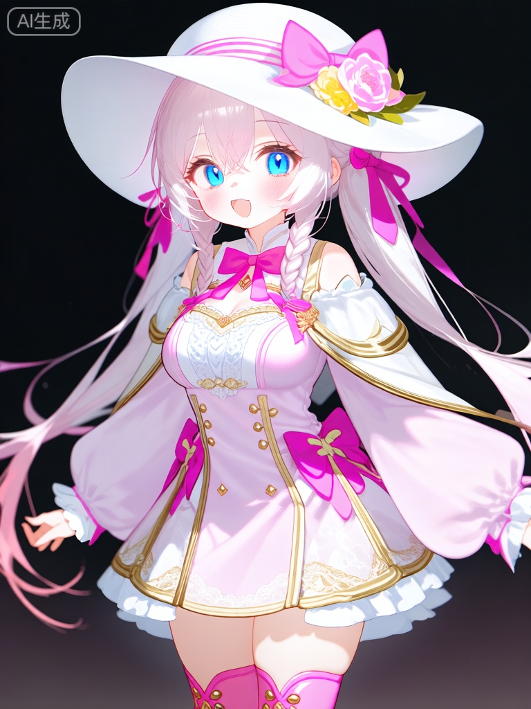 WHT,这张图片描绘了一个动漫风格的女性角色,有着淡粉色的长发和明亮的蓝色眼睛。她戴着一顶白色的宽边帽,上面装饰着一个粉色的蝴蝶结,边上有一朵粉色和黄色的花。她的头发用粉色丝带扎成双马尾辫。她有一张甜美的脸,脸颊上有可爱的酒窝,给人一种活泼开朗的表情。她的服装包括一件浅粉色长袖连衣裙,上面有精致的白色和金色蕾丝和装饰性蝴蝶结,连衣裙搭配有白色和金色点缀的粉色短靴。一件金色镶边的白色小披肩搭在她的肩膀上,在她身后微微飘动。她的服装整体设计优雅而可爱,融合了甜美和幻想的元素。

