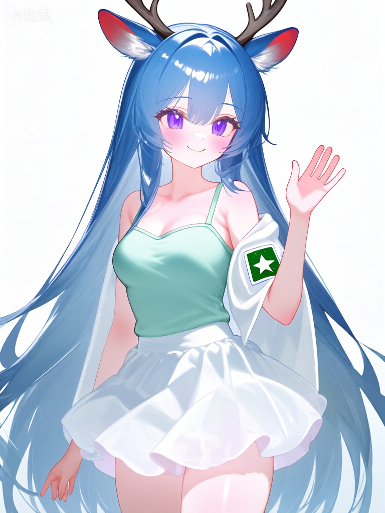 WHT,该图像是动漫风格角色的数字插图,拥有一头如瀑布般垂落的蓝绿色长发,发丝中闪烁着银色的光泽。她生着一对像小鹿般小巧且精致的耳朵,耳朵尖微微泛红。她的眼睛是深邃的紫罗兰色,闪烁着神秘而迷人的光彩。她的表情温柔且甜美,嘴角挂着浅浅的微笑,眼神中满是笑意,脸颊泛着柔和的粉色。她穿着淡绿色吊带式背心和白色蓬蓬短裙。除此之外,她披着一件白色的轻柔披风,右袖上缝着一个方形补丁,上面印着绿色和白色相间的星星图案。她的右臂微微抬起,做出打招呼的姿势,左臂则随意地垂在身侧。背景是简洁的白色,将角色衬托得更加出彩。整体风格清新且细腻,强调淡雅的色彩与细腻的表现力。

