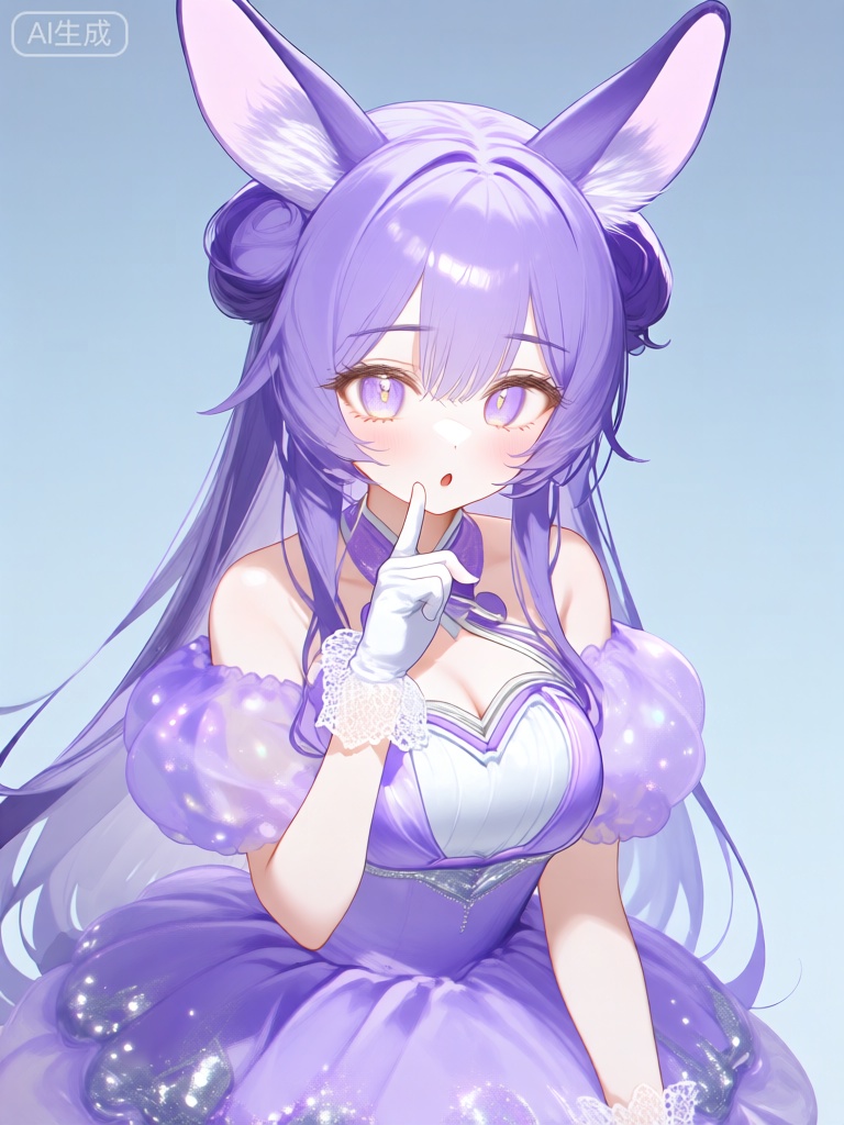 WHT,这张图片描绘了一个动漫风格的女性角色,有着梦幻的薰衣草紫色头发和类似于鹿或精灵的大而尖的耳朵,每只耳朵都有一个淡粉色的内部部分。该角色有一双灵动的淡紫色大眼睛,瞳孔周围带有一丝金色,使它们看起来温柔又迷人。头发在头顶设计成两个小发髻,一些发丝自然地垂落在肩膀。角色的表情带着一丝好奇,微微歪着头,一只手放在脸颊旁,食指轻点。她们穿着华丽的淡紫色蓬蓬裙,裙摆上有闪亮的银色装饰,能够反射光线,使其看起来光彩照人。在裙子里面,可以看到一件白色衬裙,领口附近有淡紫色和银色的细节。该角色放在脸颊旁的手上还戴着白色蕾丝手套。背景是简单的浅蓝色渐变,将焦点集中在角色上。整体风格精致且浪漫,注重柔和的色彩和细腻的表现力。

