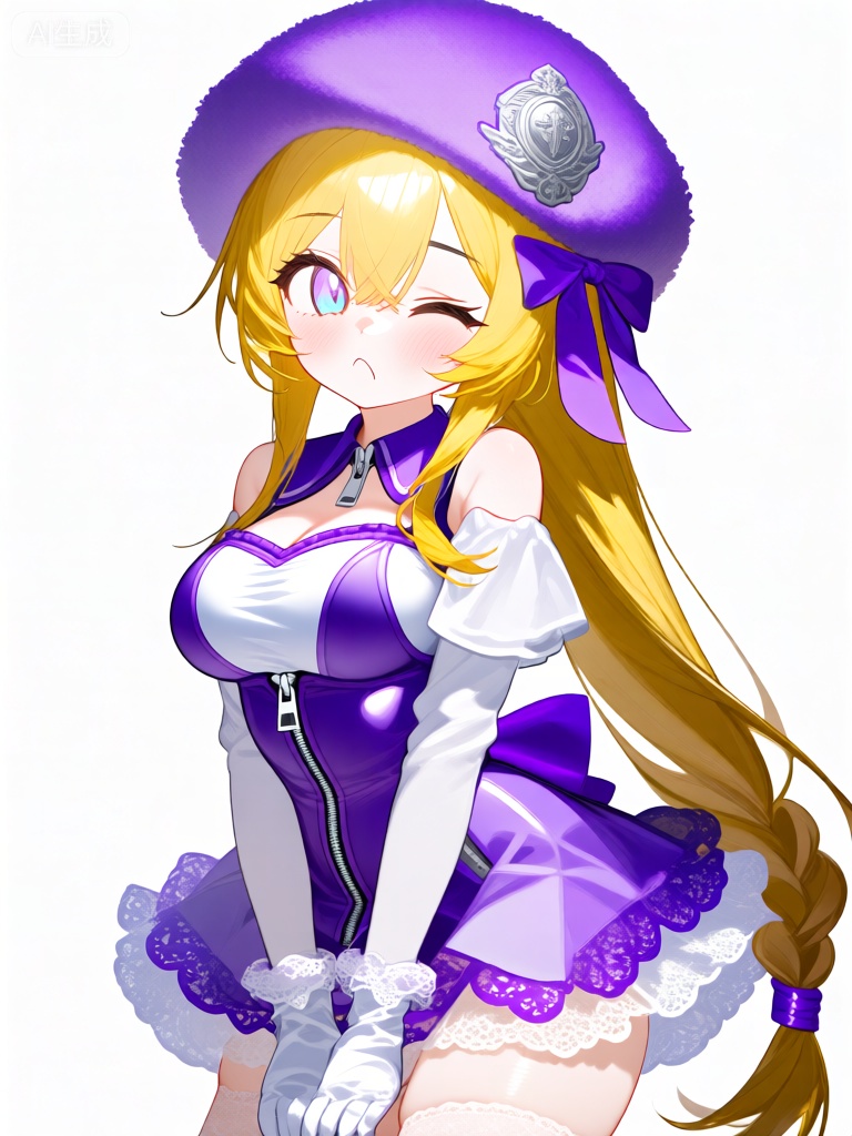 WHT,动漫风格女性角色的详细全彩插图。她有一头金黄色的长发,用紫色丝带扎成低马尾辫。她的眼睛很大,呈异色,左眼呈淡紫色,右眼呈浅蓝色。她戴着一顶紫色毛绒帽子,上面有银色徽章和紫色丝带。她的表情很俏皮,眼睛微眯,像是在调皮地眨眼,脸颊微微鼓起。她穿着紫白相间的连衣裙,包括带有银色拉链的紧身裙身、带有分层白色和紫色蕾丝的裙摆以及带有紫色领子的长袖上衣。她还戴着白色蕾丝手套,腰间系着紫色丝带。背景是纯白色的,使她成为图像的焦点。整体风格充满活力和甜美感,重点是她富有灵气的特征和精致的服装设计。

