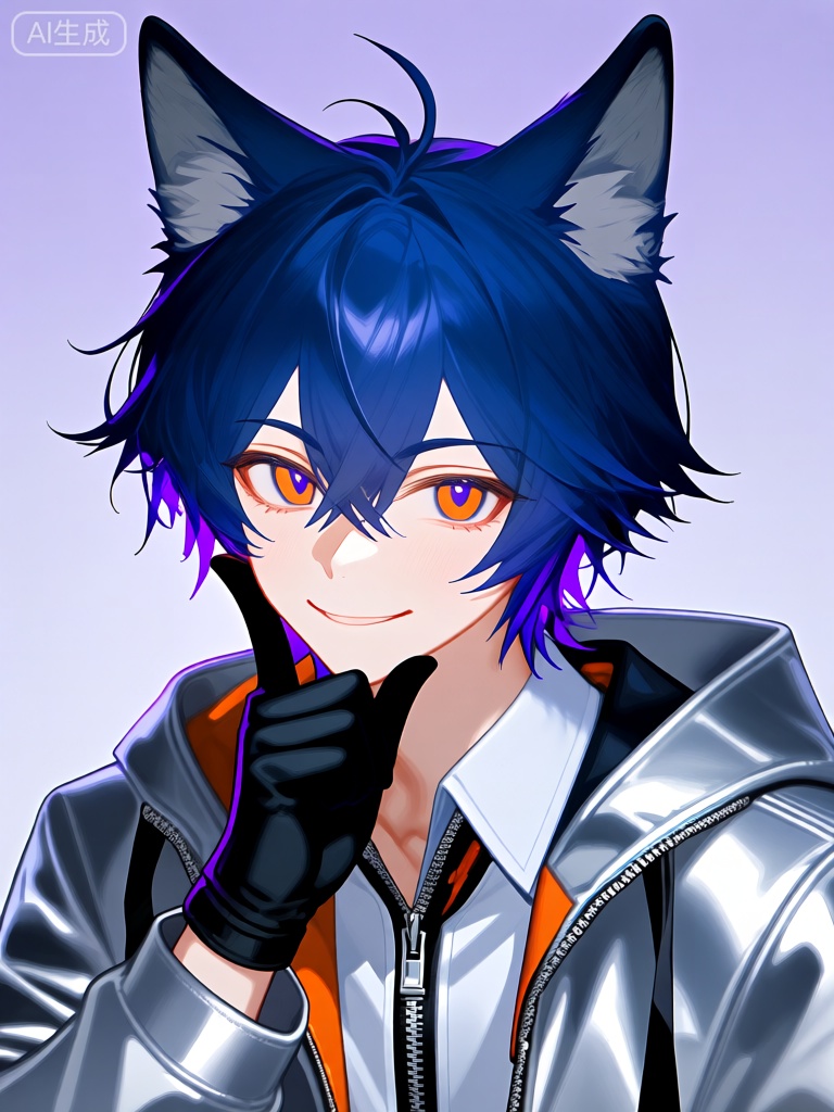 WHT,这张图片描绘了一个动漫风格的男性角色,有着深邃的靛蓝色头发和类似于狼或犬的大而尖的耳朵,每只耳朵都有一个浅灰色的内部部分。该角色有一双富有魅力的橙色大眼睛,瞳孔周围带有一丝紫色,使它们看起来神秘莫测。头发在头顶设计成几缕竖起的造型,一些发丝凌乱地垂在额前。角色的表情带着一丝玩味,嘴角微微上扬,一只手托着下巴,拇指向上。他们穿着酷炫的银灰色金属质感外套,前面有拉链,能够反射光线,使其看起来科技感十足。在外套下面,可以看到一件白色衬衫,领口附近有橙色和黑色的细节。该角色托着下巴的手上还戴着黑色指套。背景是简单的淡紫色渐变,将焦点集中在角色上。整体风格细致且富有创意,注重鲜明的色彩和独特的表现力。

