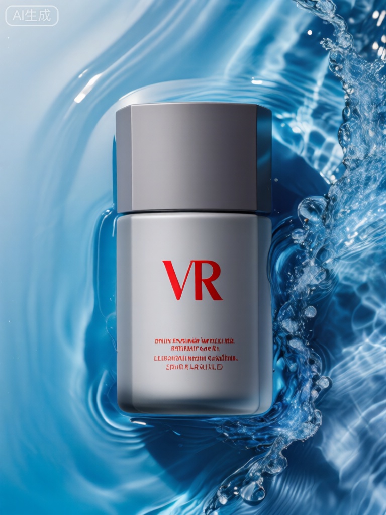 SZCJ,该图像呈现了一个精致的哑光灰色长方体容器和配套的灰色盖子。容器采用现代简约风格,边角圆润。容器正面有红色文字,其中包含大号粗体字母“VR”,后面是较小的文字,似乎是英文和西班牙文的品牌标识和产品特色。容器部分浸没在闪烁的蓝色液体中,液体在容器周围荡漾和飞溅,营造出一种梦幻感和活力感。该液体具有晶莹、透亮的表面,可以反射光线,增强图像的奇幻和充满生机的氛围。整体构图在视觉上十分吸睛,灰色容器与明亮、灵动的液体色调形成强烈对比。

