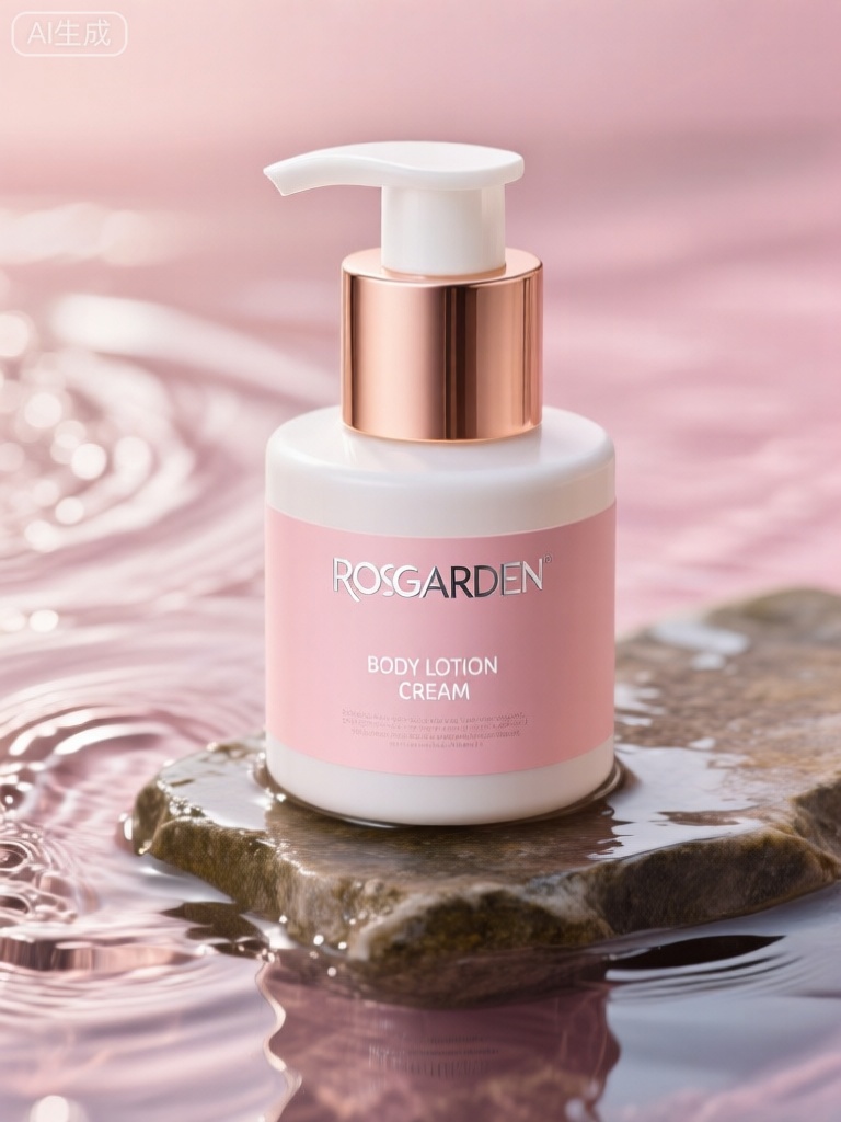 SZCJ,该图呈现了一个带有玫瑰金色盖子和白色泵分配器的圆柱形瓶子。瓶子被放置在类似潮湿的石质表面上,水在瓶子周围产生波纹和映照。水呈柔和的粉色,或许表明瓶子中含有与美容或香氛相关的产品。瓶子上的标签主要是淡粉色,带有银色和白色文字。品牌名称“ROSEGARDEN”显眼地展示在标签顶部,后面是产品名称“BODY LOTION CREAM”。在产品名称下方,还有较小字体的附加信息,可能描述了产品的特点和优势。图像的整体风格温馨而浪漫,注重产品的优雅和芬芳品质。

