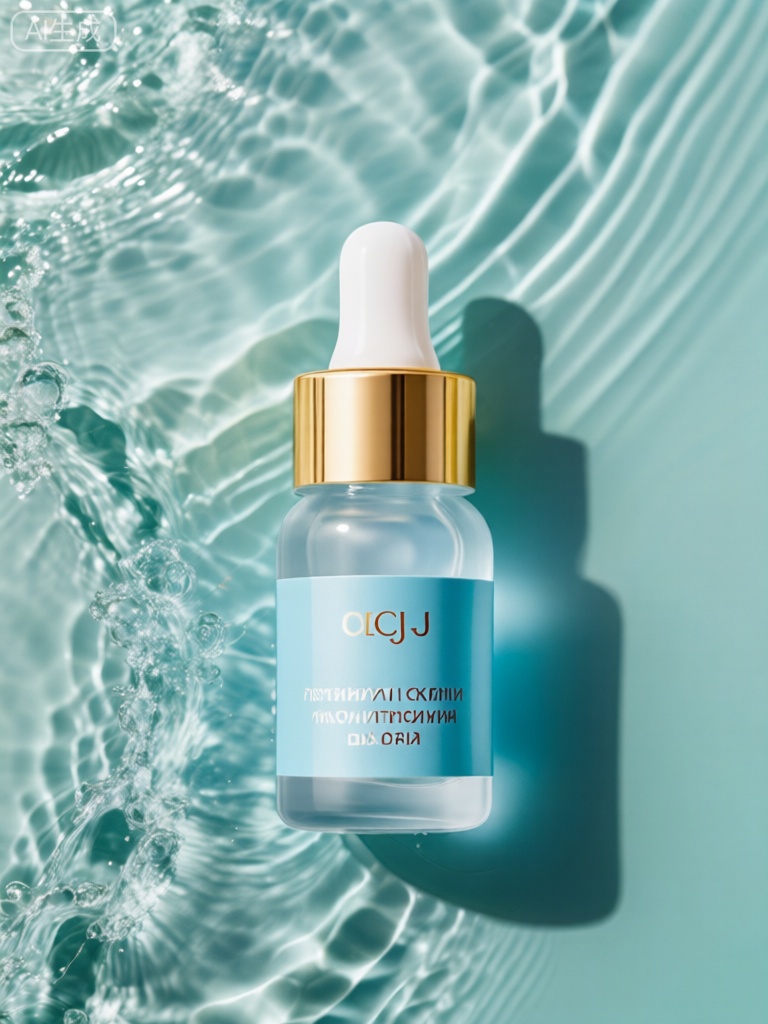 SZCJ,一个带有浅蓝色标签和金色盖子的小透明瓶子直立放置在图像的中心。瓶子里装有浅蓝色的精华液。标签上有英文和俄文文字。背景是动态的、波纹状的淡青色表面,带有水花和倒影,营造出清新和灵动的感觉。灯光明亮,在右侧投射出瓶子的柔和阴影,增强了场景的清晰度和空灵的美感。

