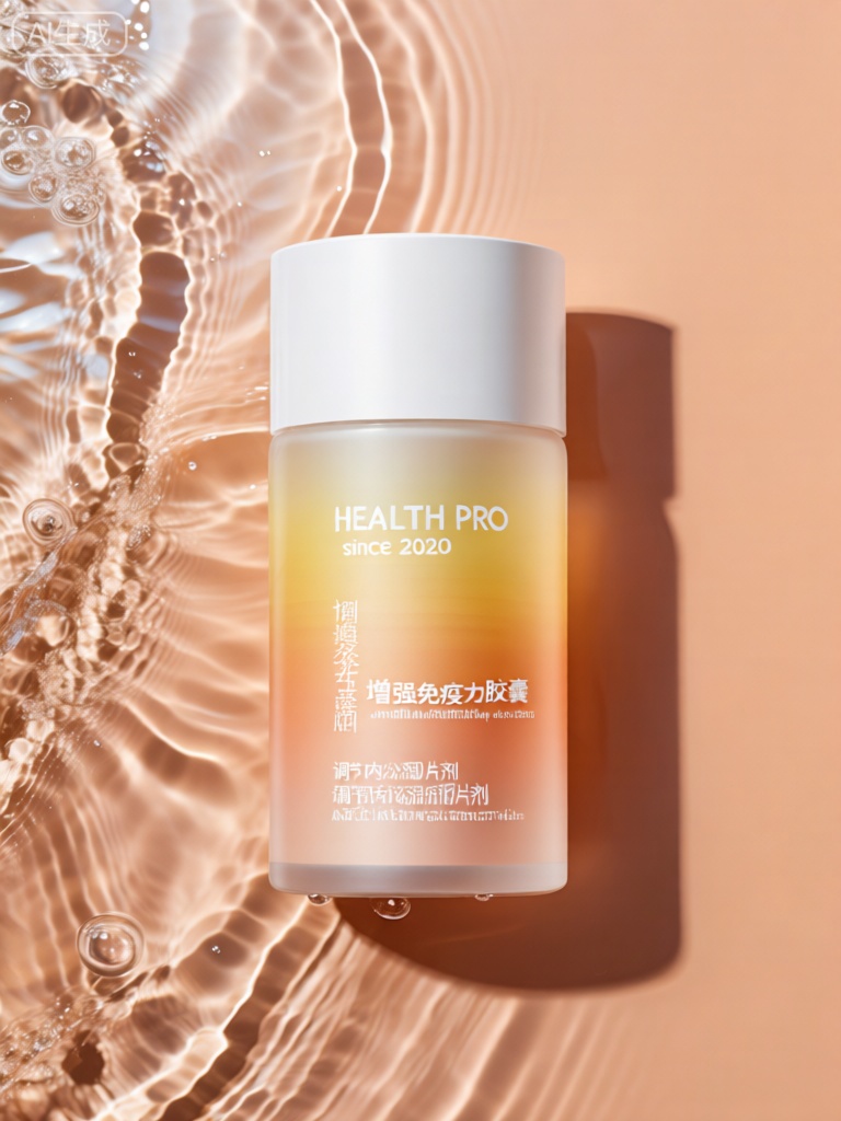 SZCJ,该图像展示了一个圆柱形保健品瓶直立在反光、波纹状的水面上。瓶子采用渐变配色方案,从底部的浅橙色过渡到顶部的淡黄色,几乎透明。瓶盖为实心哑光白色。 瓶子正面有白色文字,上面写着“HEALTH PRO”和靠近顶部的“since 2020”。下面,有几行汉字和英文的文字。英文文本包括“增强免疫力胶囊”和“调节内分泌片剂”等短语。中文字符垂直和水平放置在英文文本周围。 背景为浅橙色,与瓶子的渐变颜色相呼应,营造出和谐温暖的视觉效果。水面有波纹和小气泡,给图像增添了动感和活力。灯光将瓶子的柔和阴影投射到右侧水面上,增强了瓶子的三维外观。整体构图干净而现代,重点关注产品的品牌和水背景所暗示的健康主题。

