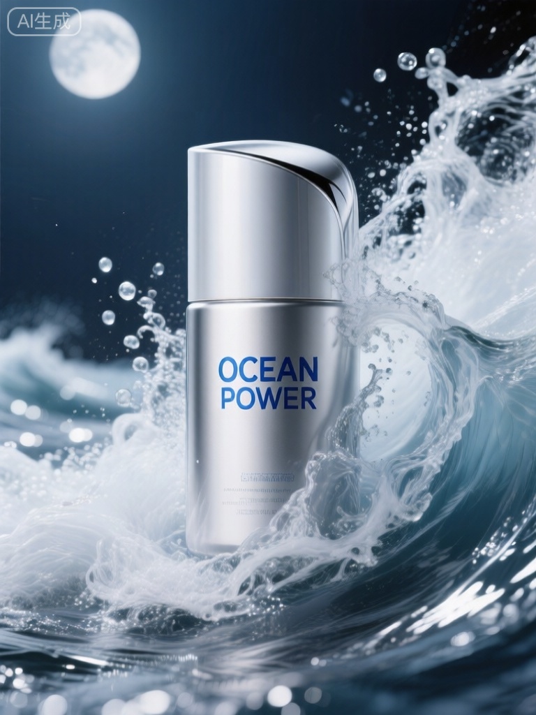 SZCJ,该图像展示了一个银色圆柱形容器,带有光滑的弧形瓶盖,位于湍急、奔腾的白色浪花动态背景的中央。容器部分被浪花包裹,飞溅而起的水珠形成壮观的喷溅场景,捕捉到了水流的力量瞬间。月光从浪尖反射过来,产生清冷的亮点和粼粼波光,强化了场景的神秘氛围。容器的标识运用了艺术字体,其中一些文字为粗体的蓝色,“OCEAN POWER”显眼地置于中间。整体构图强调力量与激情,光和浪花的相互映衬增加了画面的深度和视觉张力。

