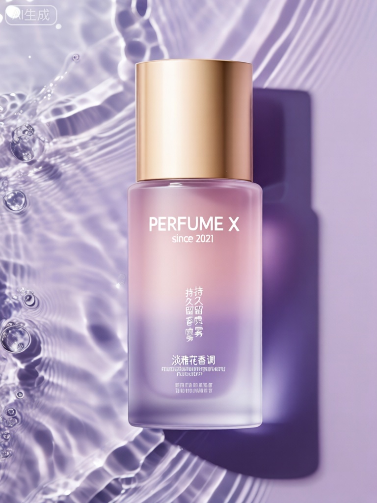 SZCJ,该图像展示了一个圆柱形香水瓶直立在反光、波纹状的水面上。瓶子采用渐变配色方案,从底部的淡紫色过渡到顶部的浅粉色,几乎透明。瓶盖为实心哑光金色。 瓶子正面有白色文字,上面写着“PERFUME X”和靠近顶部的“since 2021”。下面,有几行汉字和英文的文字。英文文本包括“淡雅花香调”和“持久留香喷雾”等短语。中文字符垂直和水平放置在英文文本周围。 背景为浅紫色,与瓶子的渐变颜色相呼应,营造出和谐优雅的视觉效果。水面有波纹和小气泡,给图像增添了动感和活力。灯光将瓶子的柔和阴影投射到右侧水面上,增强了瓶子的三维外观。整体构图干净而现代,重点关注产品的品牌和水背景所暗示的优雅主题。

