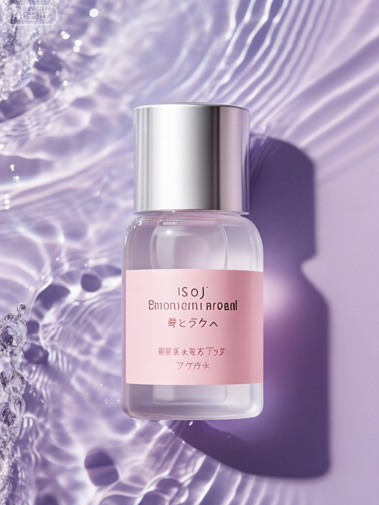 SZCJ,一个带有淡粉色标签和银色盖子的小透明瓶子直立放置在图像的中心。瓶子里装有淡粉色的花水。标签上有英文和日文文字。背景是动态的、波纹状的浅紫色表面,带有水花和倒影,营造出浪漫和柔美的感觉。灯光明亮,在右侧投射出瓶子的柔和阴影,增强了场景的清晰度和精致的美感。

