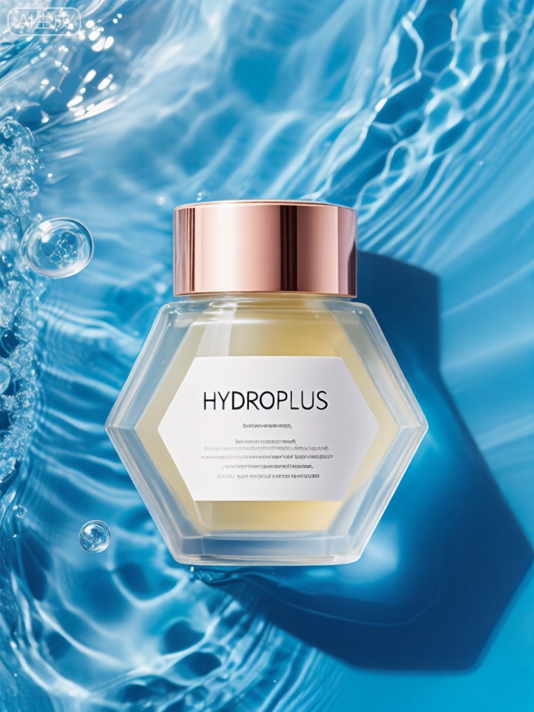 SZCJ,该图像展示了一个透明的六边形护肤品瓶,其中央位于动态的波纹水背景下。瓶子有一个光滑的玫瑰金色瓶盖和透明的瓶身,可以看到里面的淡黄色液体。瓶子上的标签主要是白色的,上面有英语和另一种语言（可能是西班牙语）的文字。英文文本中包含粗体大写字母“HYDROPLUS”一词,后面是较小的文本,似乎描述了产品的功效,例如修护和可能的抗皱或紧致效果。背景中的水是充满活力的宝蓝色,光线从其表面反射,营造出一种运动和活力的感觉。瓶子附近可见小气泡,增强清爽干净的美感。整体成分明亮且具有视觉吸引力,强调了产品与水合作用和活力的联系。


