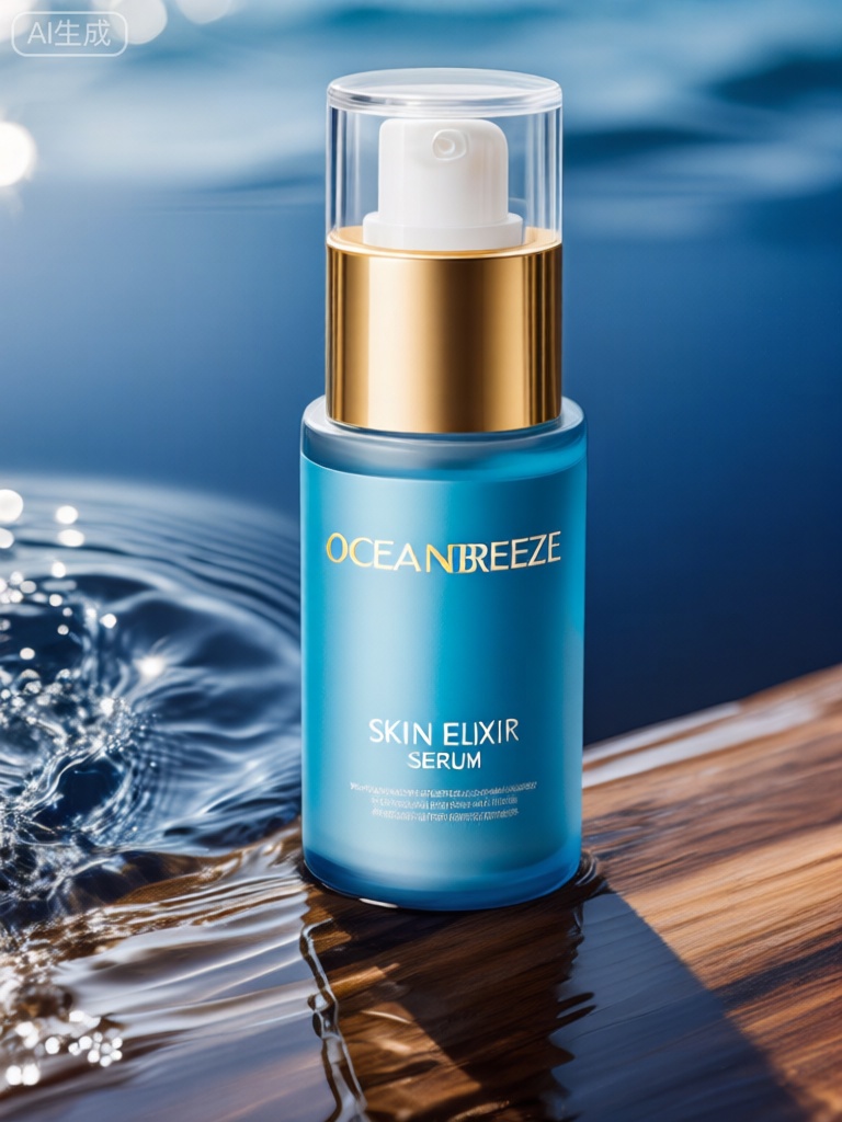 SZCJ,该图显示了一个带有金色盖子和透明泵分配器的圆柱形瓶子。瓶子被放置在看似湿润的木质表面上,水在瓶子周围形成涟漪和倒影。水呈深邃的蓝色,可能暗示瓶子中含有与海洋或护肤相关的产品。瓶子上的标签主要是浅蓝色,带有白色和金色文字。品牌名称“OCEANBREEZE”醒目地显示在标签顶部,后面是产品名称“SKIN ELIXIR SERUM”。在产品名称下方,还有较小字体的附加文本,可能介绍了产品的功效和成分。图像的整体美感清新而自然,注重产品的纯净和天然特质。

