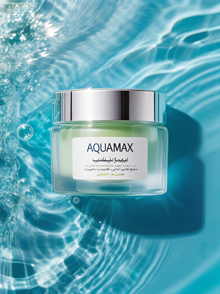 SZCJ,该图像展示了一个透明的方形护肤品罐,其中央位于动态的波纹水背景下。罐子有一个光滑的银色罐盖和透明的罐身,可以看到里面的淡绿色液体。罐子上的标签主要是白色的,上面有英语和另一种语言（可能是阿拉伯语）的文字。英文文本中包含粗体大写字母“AQUAMAX”一词,后面是较小的文本,似乎描述了产品的功效,例如滋养和可能的提亮或焕肤效果。背景中的水是充满活力的湖蓝色,光线从其表面反射,营造出一种运动和纯净的感觉。罐子附近可见小气泡,增强清爽干净的美感。整体成分明亮且具有视觉吸引力,强调了产品与水合作用和纯净的联系。

