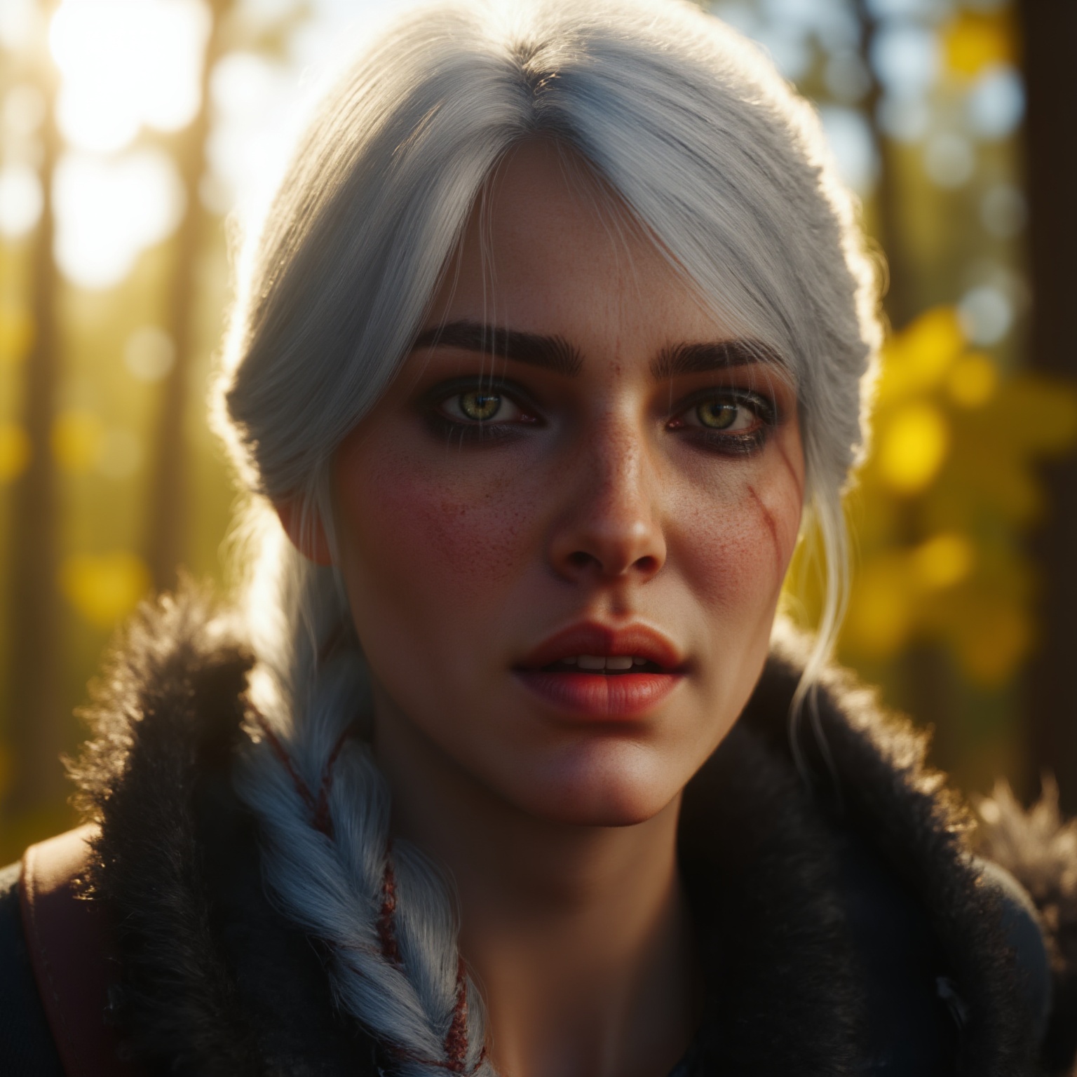 A very of a white-haired CiriW4 with a single loose braid and long strands framing her face. Her piercing green eyes shine...