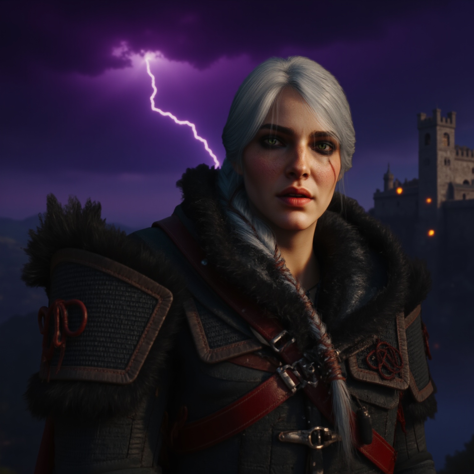 Close-up portrait of a white-haired warrior CiriW4 inspired by Witcher aesthetics,  long windswept hair with a loose braid...