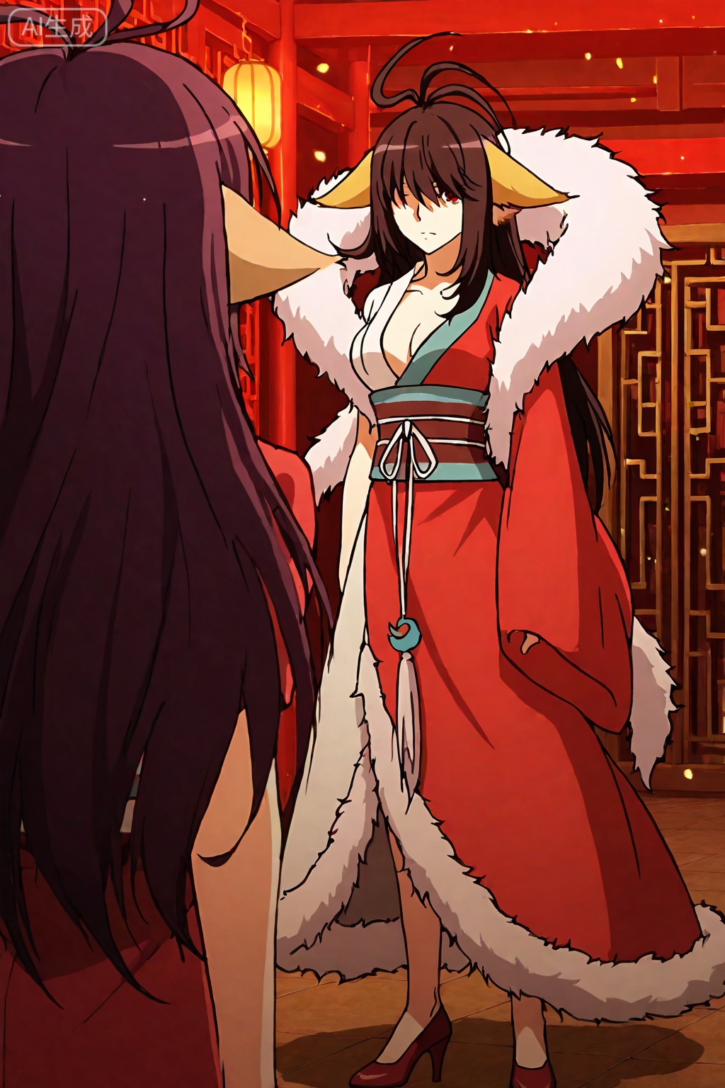 
Random scene,Random scene,


upper body,looking at viewer,
1girl,solo,long hair,animal ears,chinese clothes,dress,red dress,purple hair,sash,antenna hair,black hair,fox ears,obi,red eyes,brown hair,fur trim,long sleeves,fur-trimmed cape,feather boa,ahoge,high heels,hair over eyes,hat,red footwear,asymmetrical clothes,