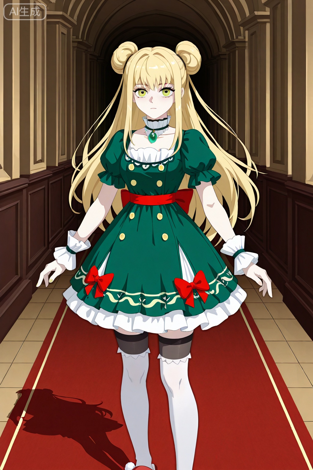 
Random scene,Random scene,


upper body,looking at viewer,
1girl,solo,
CeciliaIL, green eyes, blonde, long hair, double bun,green dress, puffy cuffs, red bow, green pendant, white thighhighs, red slippers,jfzhlrb,blonde hair,yellow eyes,hair bun,black stocking