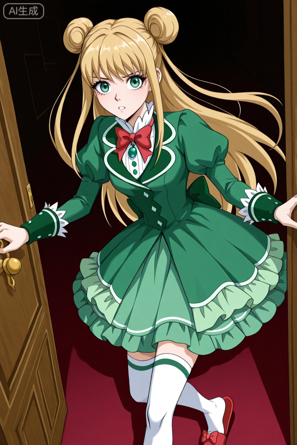 
Random scene,Random scene,


upper body,looking at viewer,
1girl,solo,
CeciliaIL, green eyes, blonde, long hair, double bun,green dress, puffy cuffs, red bow, green pendant, white thighhighs, red slippers