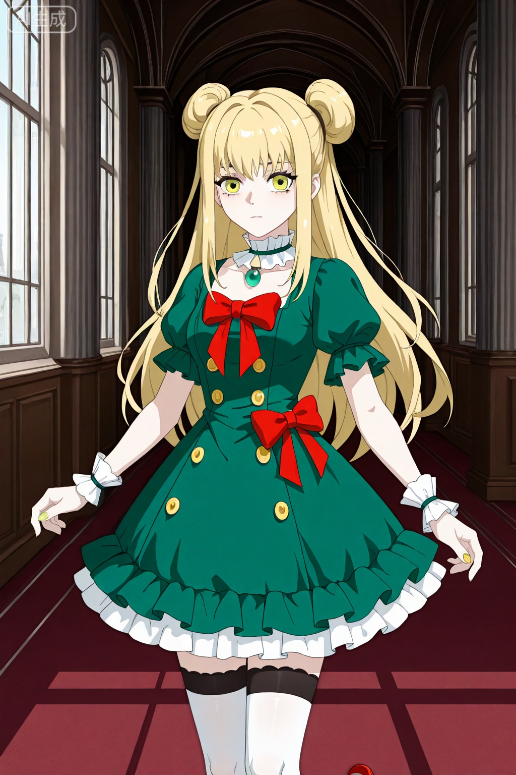 
Random scene,Random scene,


upper body,looking at viewer,
1girl,solo,
CeciliaIL, green eyes, blonde, long hair, double bun,green dress, puffy cuffs, red bow, green pendant, white thighhighs, red slippers,jfzhlrb,blonde hair,yellow eyes,hair bun,black stocking