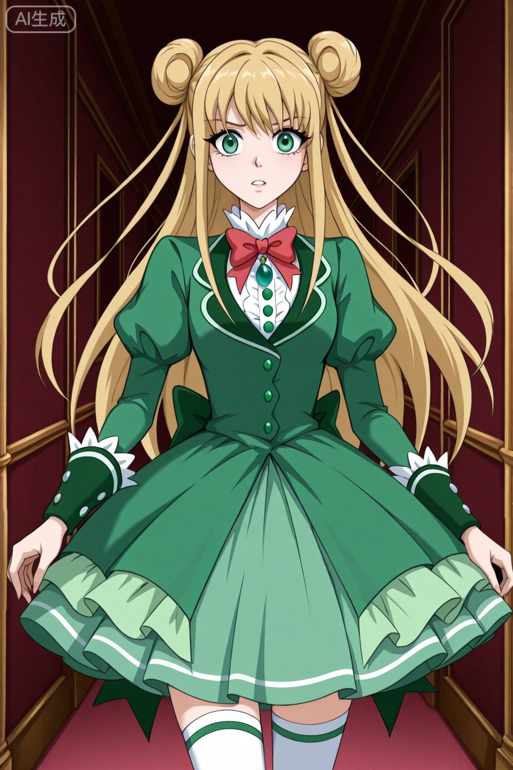 
Random scene,Random scene,


upper body,looking at viewer,
1girl,solo,
CeciliaIL, green eyes, blonde, long hair, double bun,green dress, puffy cuffs, red bow, green pendant, white thighhighs, red slippers