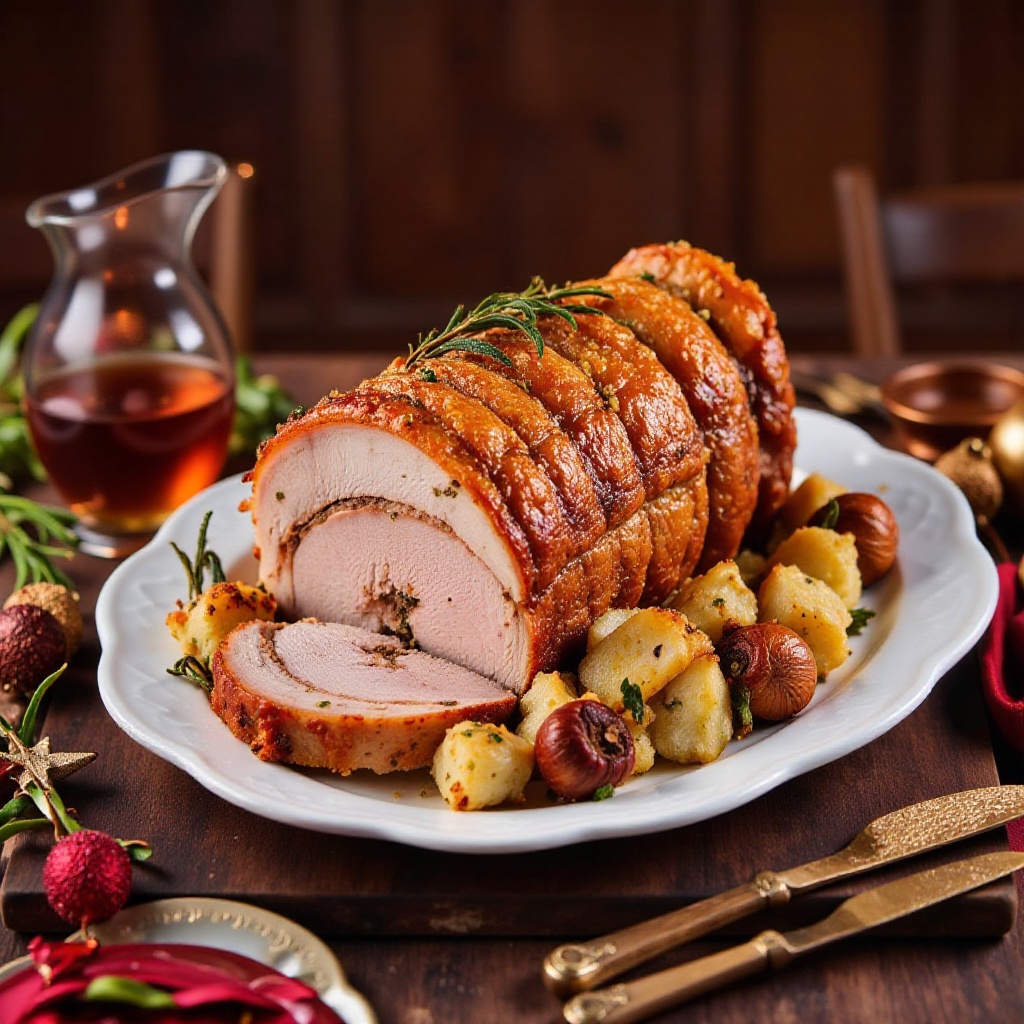 A photorealistic,  cinematic-style horizontal photo of a Christmas stuffed pork leg served on an elegant Italian ceramic p...