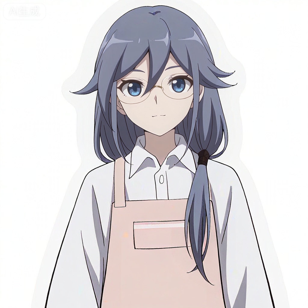 masterpiece, best quality,solo,((white background:1.2)),simple background,, 
looking at viewer,anime_style,fu_hua,blue eyes,grey hair,hair ornament,hair between eyes,glasses,apron,shirt,white shirt,pink apron,collared shirt