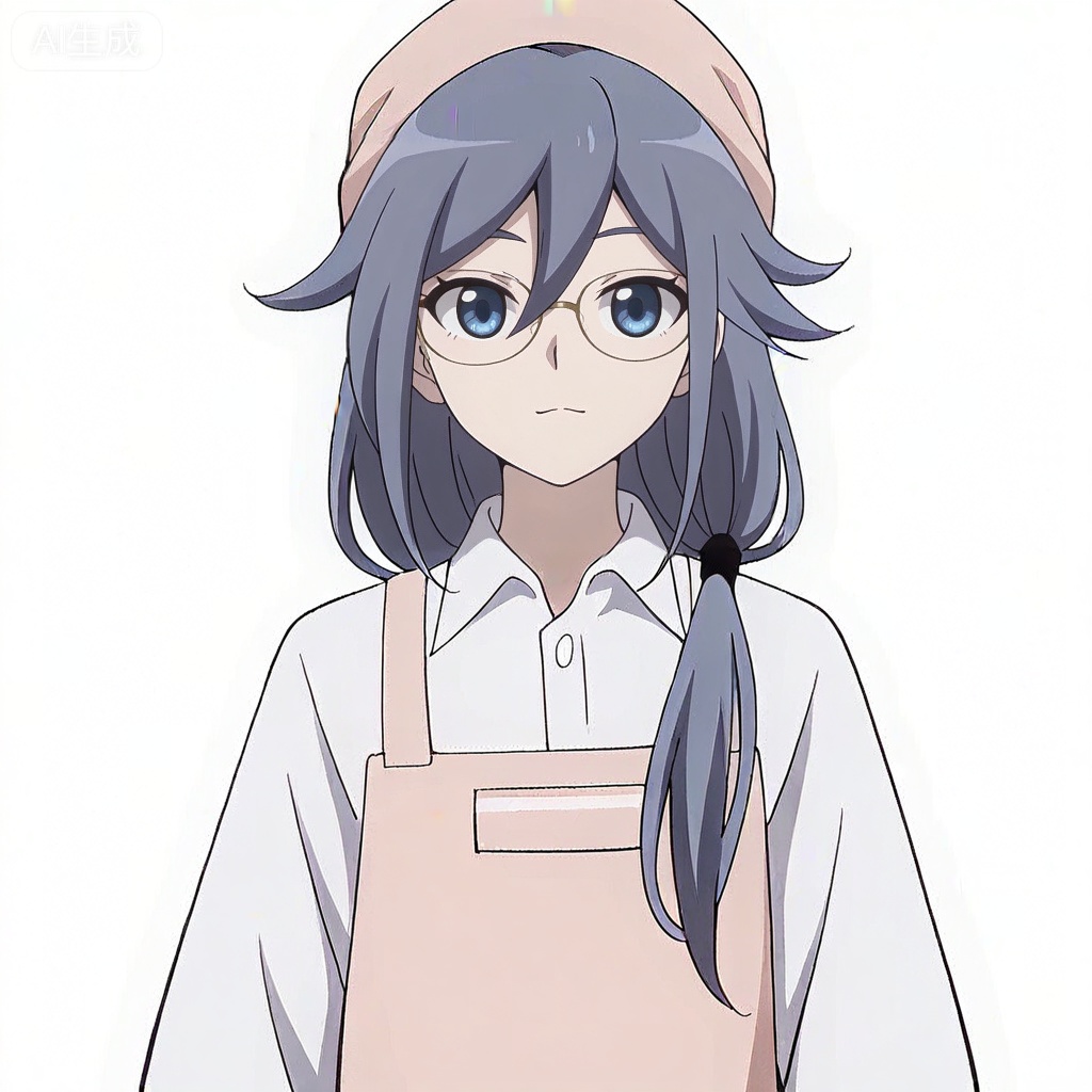 masterpiece, best quality,solo,((white background:1.2)),simple background,, 
looking at viewer,anime_style,fu_hua,blue eyes,grey hair,hair ornament,hair between eyes,glasses,apron,shirt,white shirt,pink apron,collared shirt
