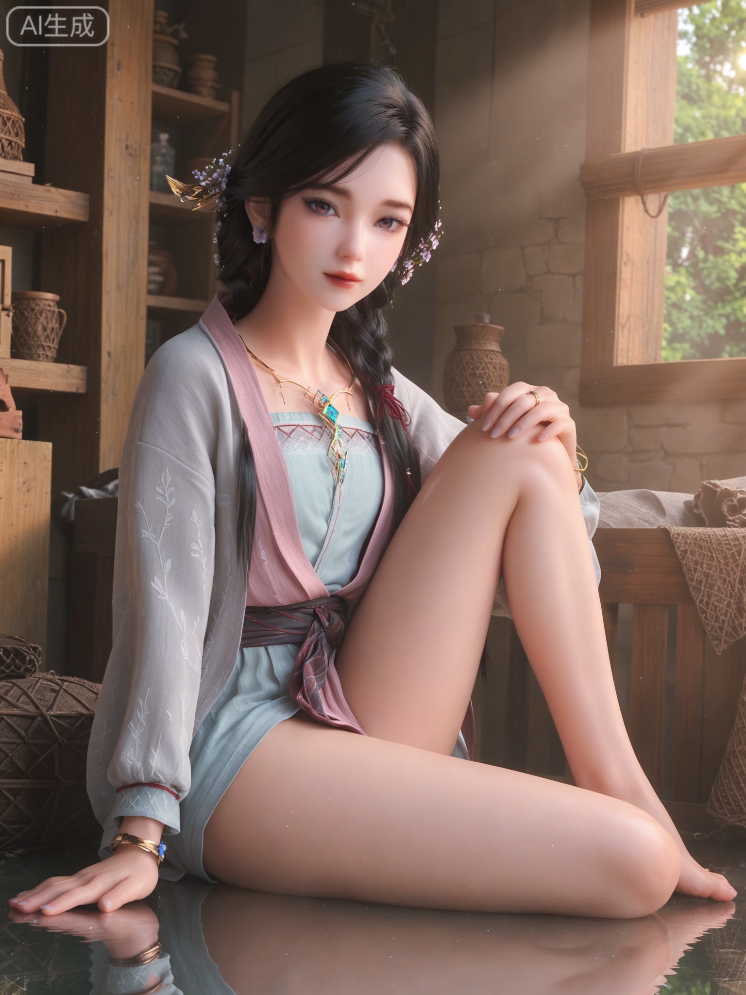 score_9,score_8_up,score_7_up,1girl,solo.looking_at_viewer,realistic,photorealistic,1girl,solo,Vivid Colors,bright environment,shiny skin,shiny hairjewelry,detail eyes,Eyes highlights,extreme detail description,(full body:0.8),light,glowing,sunshine,bright,reflection,bright,sunshine on face,shiny,shinny,petite,thin,leg slimming,lose weight,slim hips,lakeside,delicate water,reflection,sitting_down,bracelet,eyelashes,